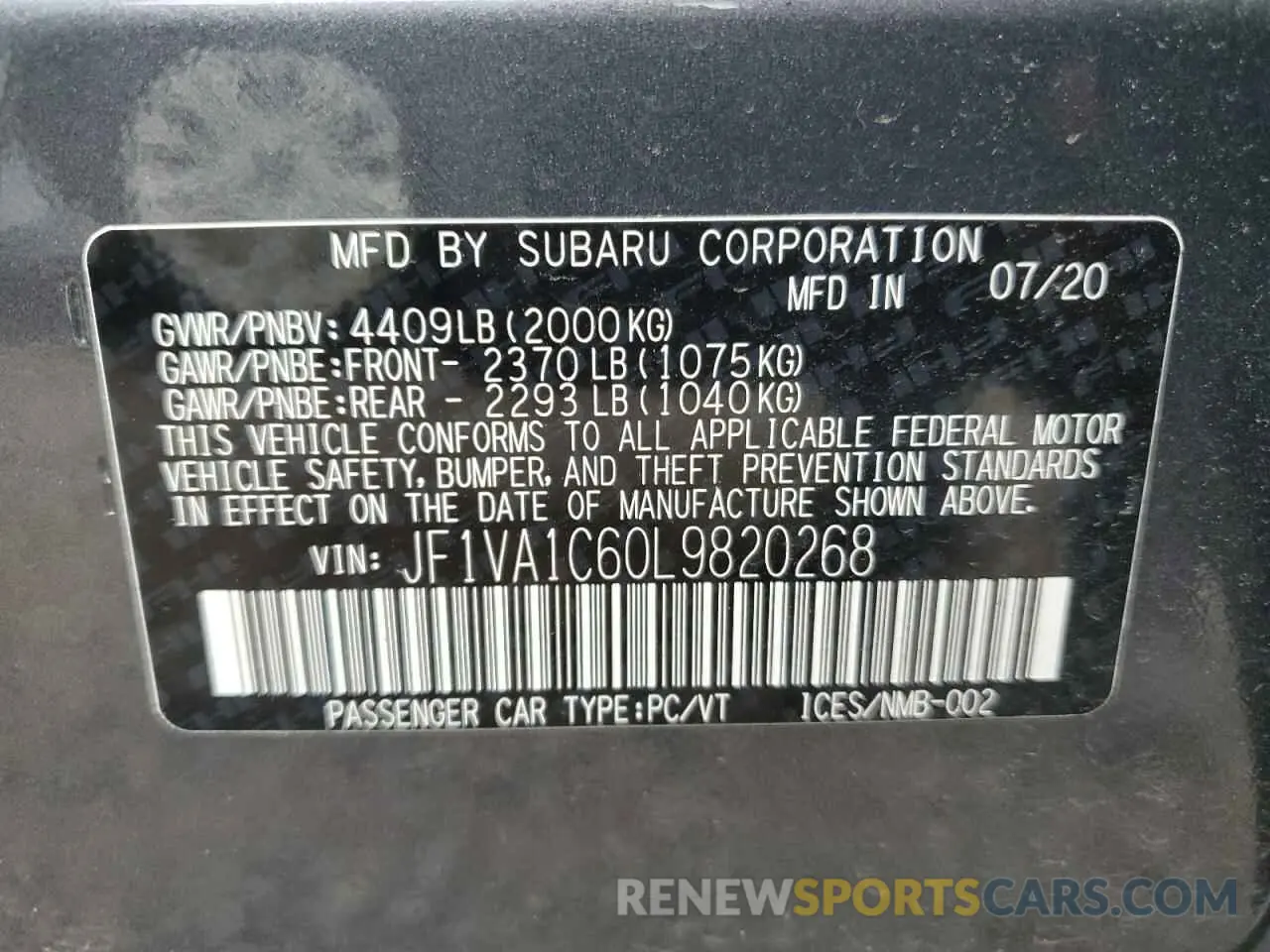 12 Photograph of a damaged car JF1VA1C60L9820268 SUBARU WRX 2020