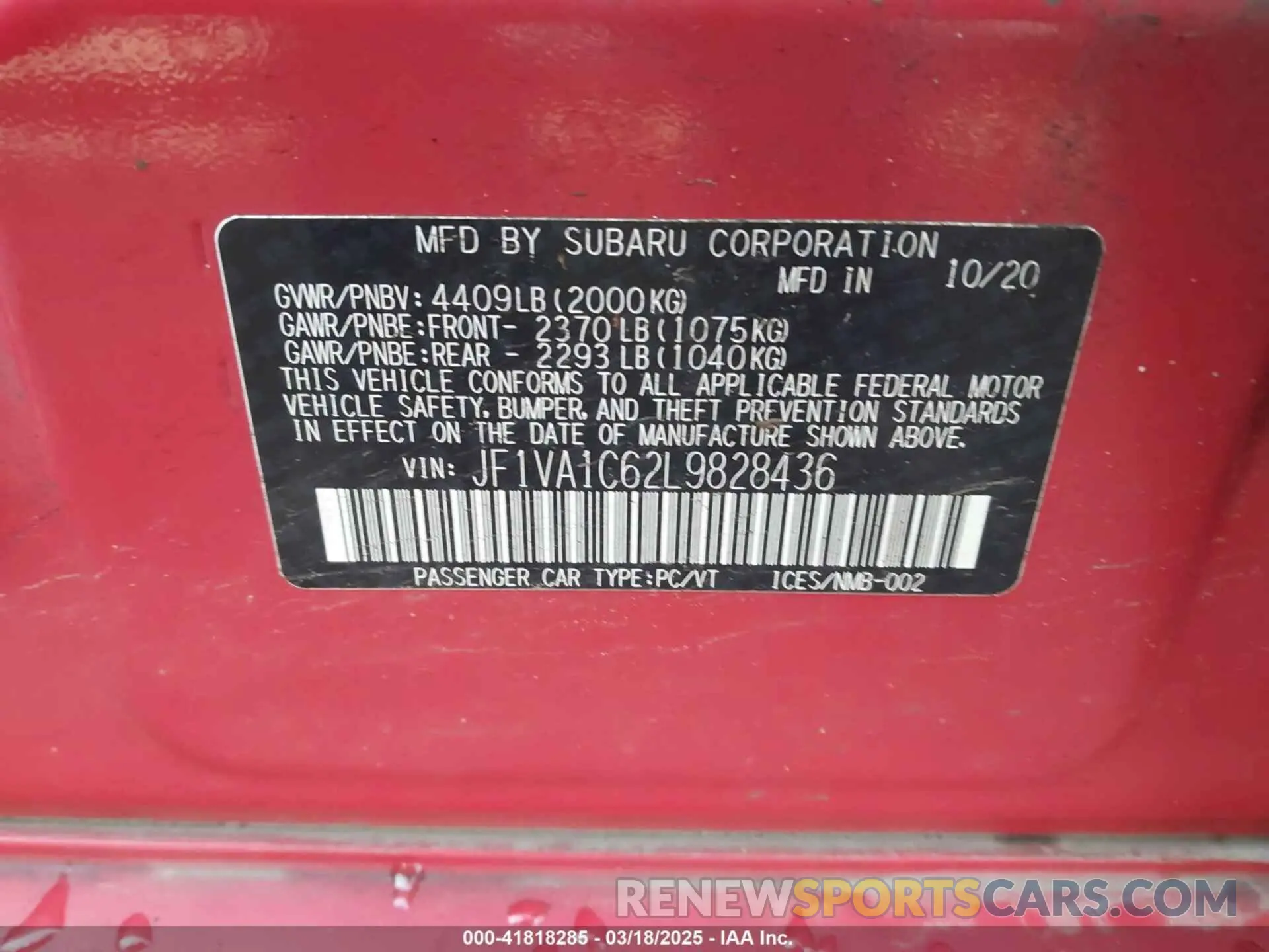 9 Photograph of a damaged car JF1VA1C62L9828436 SUBARU WRX 2020