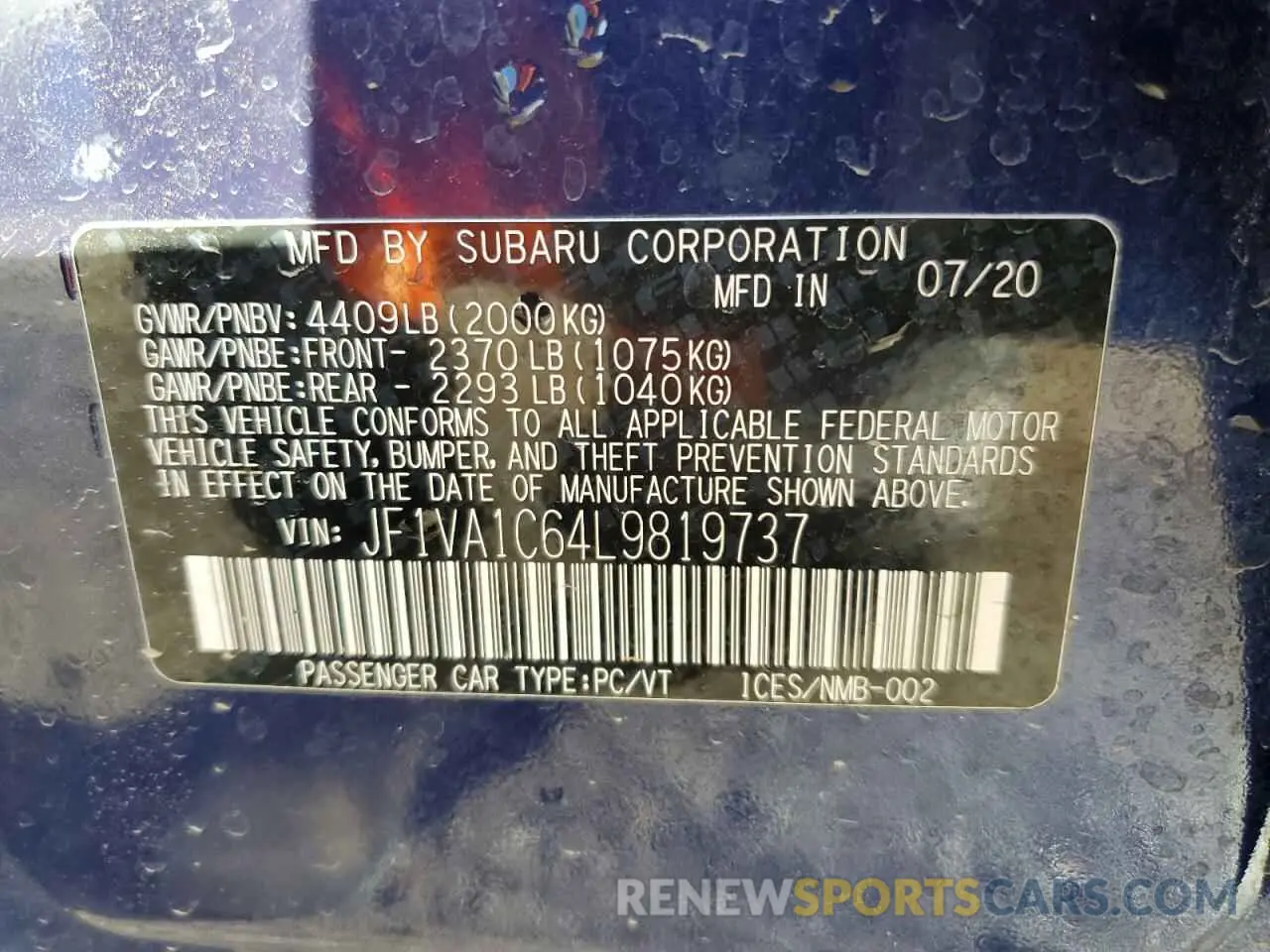 13 Photograph of a damaged car JF1VA1C64L9819737 SUBARU WRX 2020