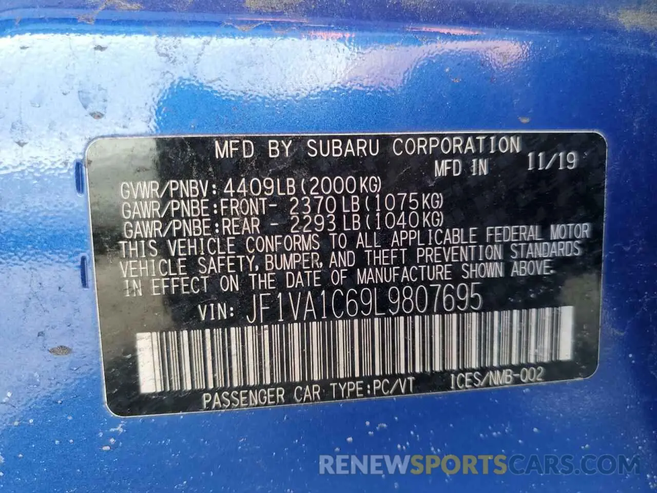 12 Фотография поврежденного автомобиля JF1VA1C69L9807695 SUBARU WRX 2020