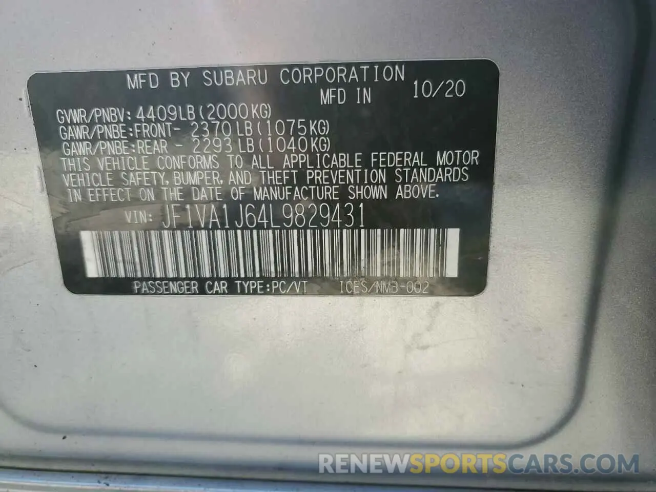 13 Photograph of a damaged car JF1VA1J64L9829431 SUBARU WRX 2020