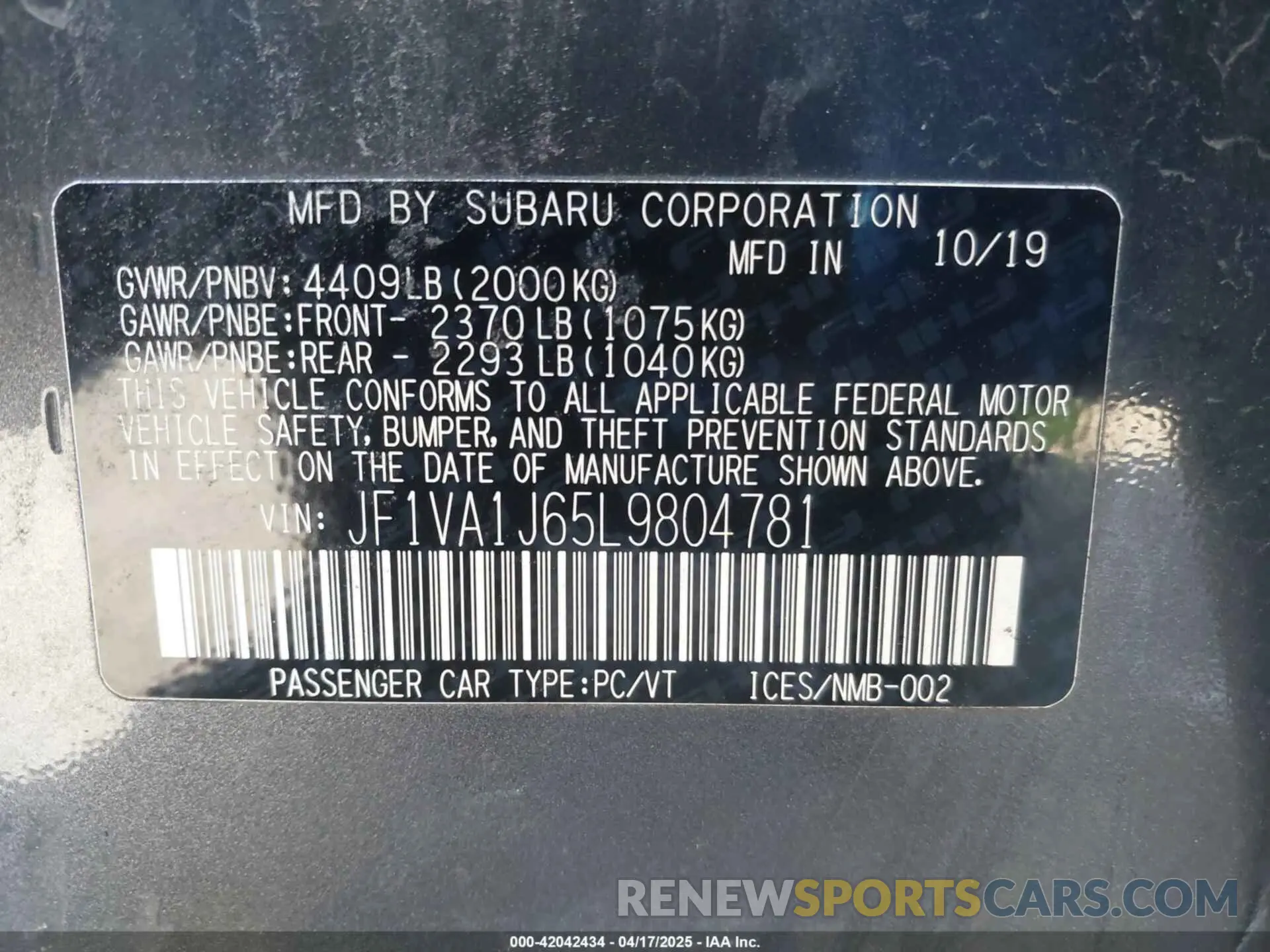 9 Photograph of a damaged car JF1VA1J65L9804781 SUBARU WRX 2020