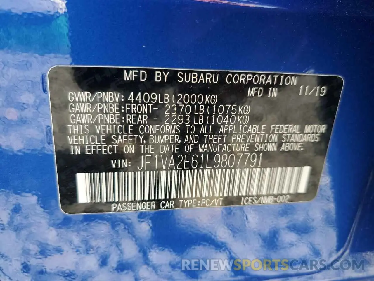 13 Photograph of a damaged car JF1VA2E61L9807791 SUBARU WRX 2020