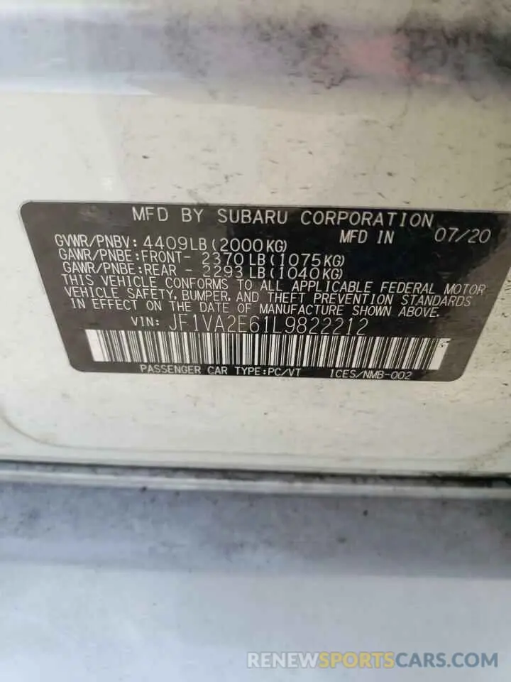 13 Photograph of a damaged car JF1VA2E61L9822212 SUBARU WRX 2020