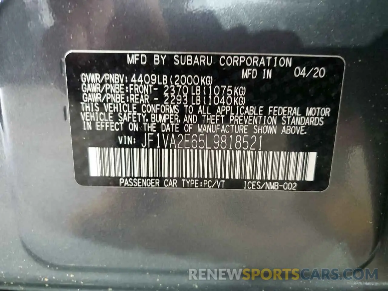 12 Фотография поврежденного автомобиля JF1VA2E65L9818521 SUBARU WRX 2020