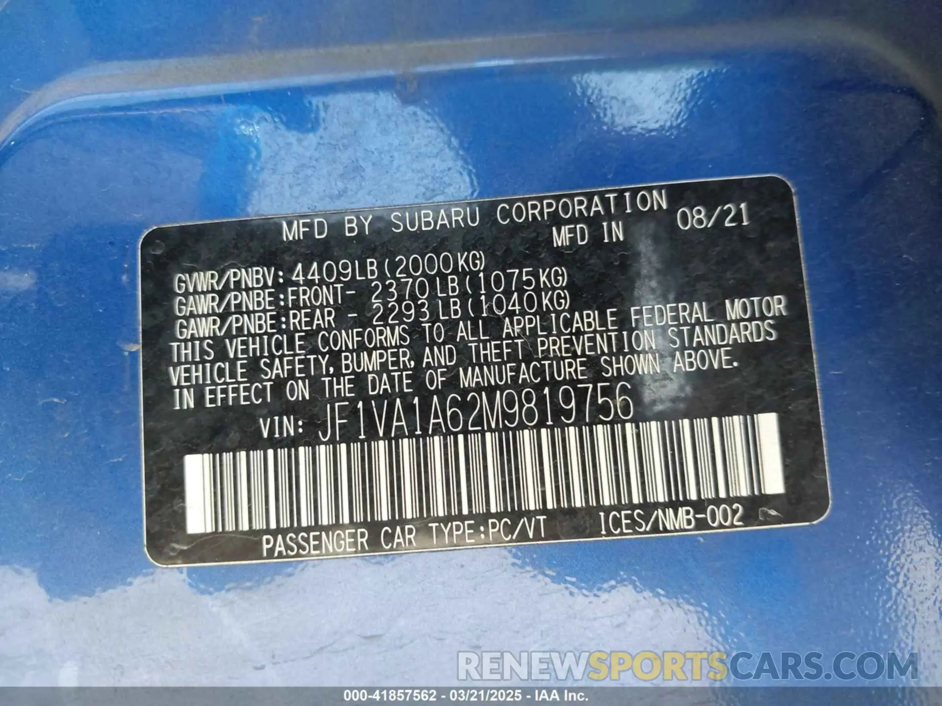 9 Фотография поврежденного автомобиля JF1VA1A62M9819756 SUBARU WRX 2021
