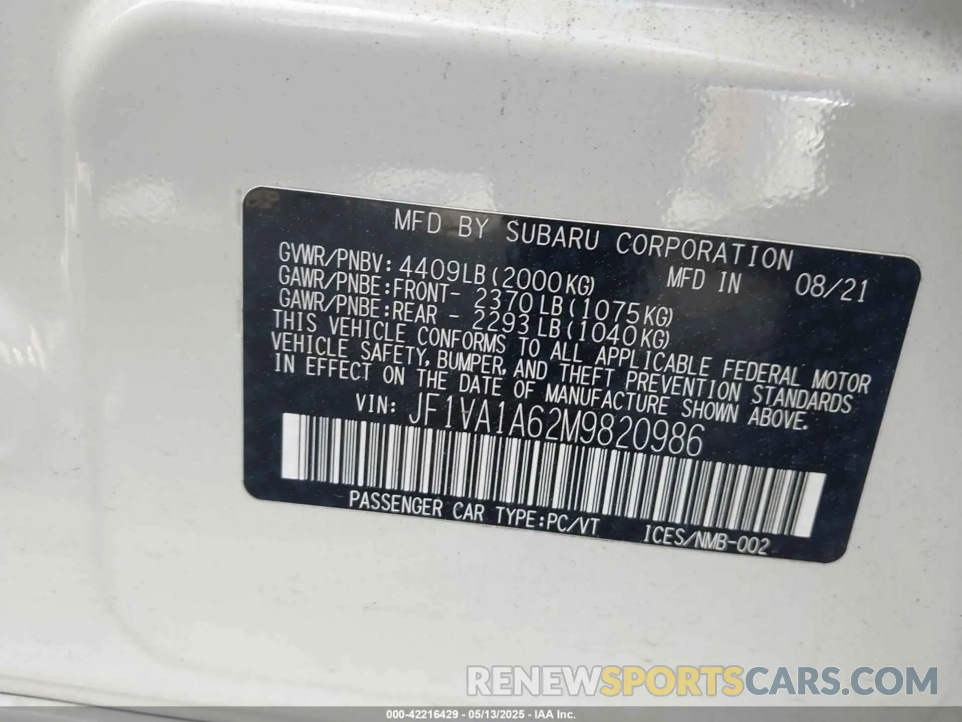 9 Фотография поврежденного автомобиля JF1VA1A62M9820986 SUBARU WRX 2021