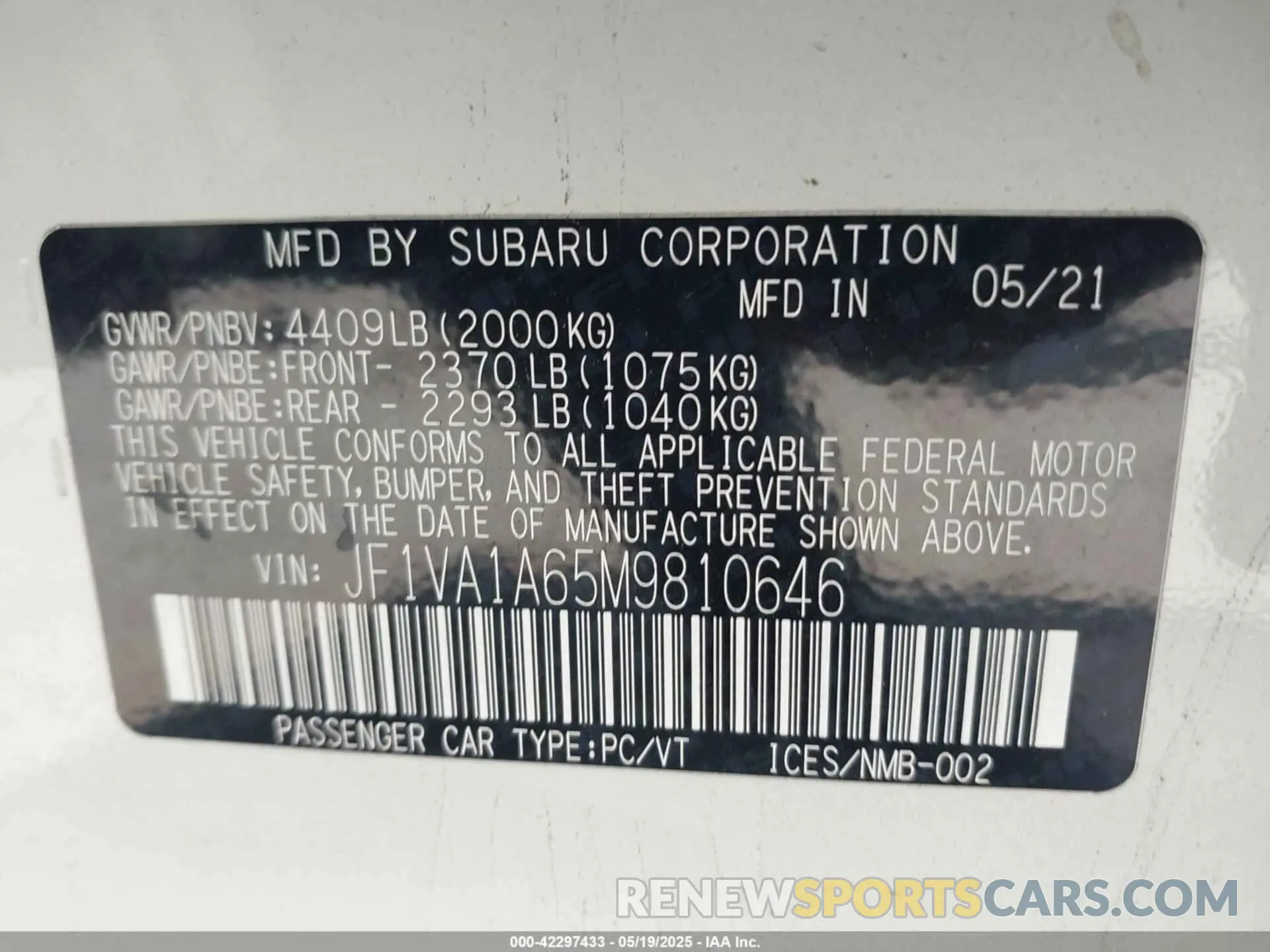 9 Photograph of a damaged car JF1VA1A65M9810646 SUBARU WRX 2021