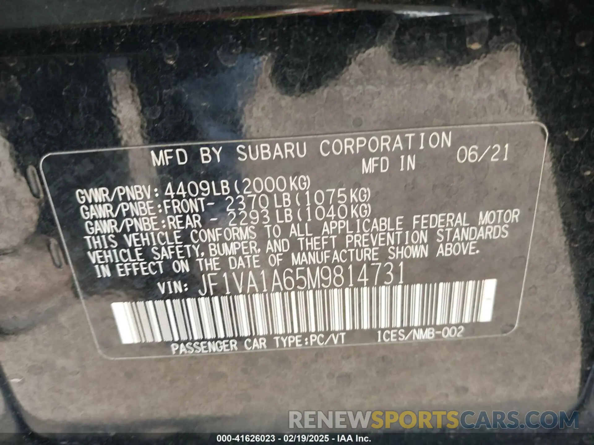 9 Photograph of a damaged car JF1VA1A65M9814731 SUBARU WRX 2021
