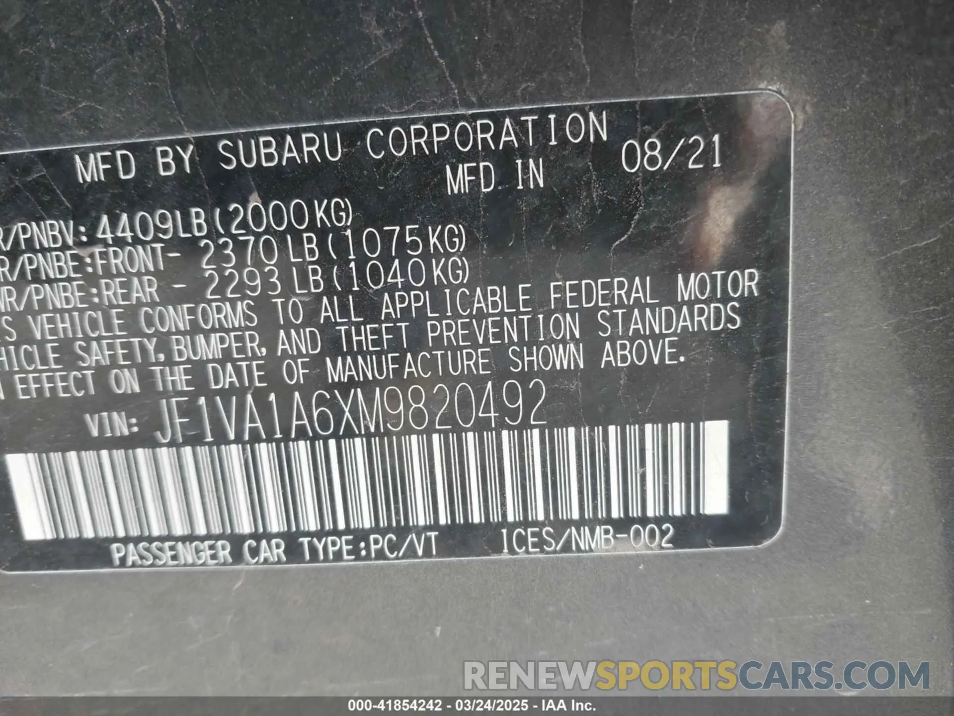9 Photograph of a damaged car JF1VA1A6XM9820492 SUBARU WRX 2021