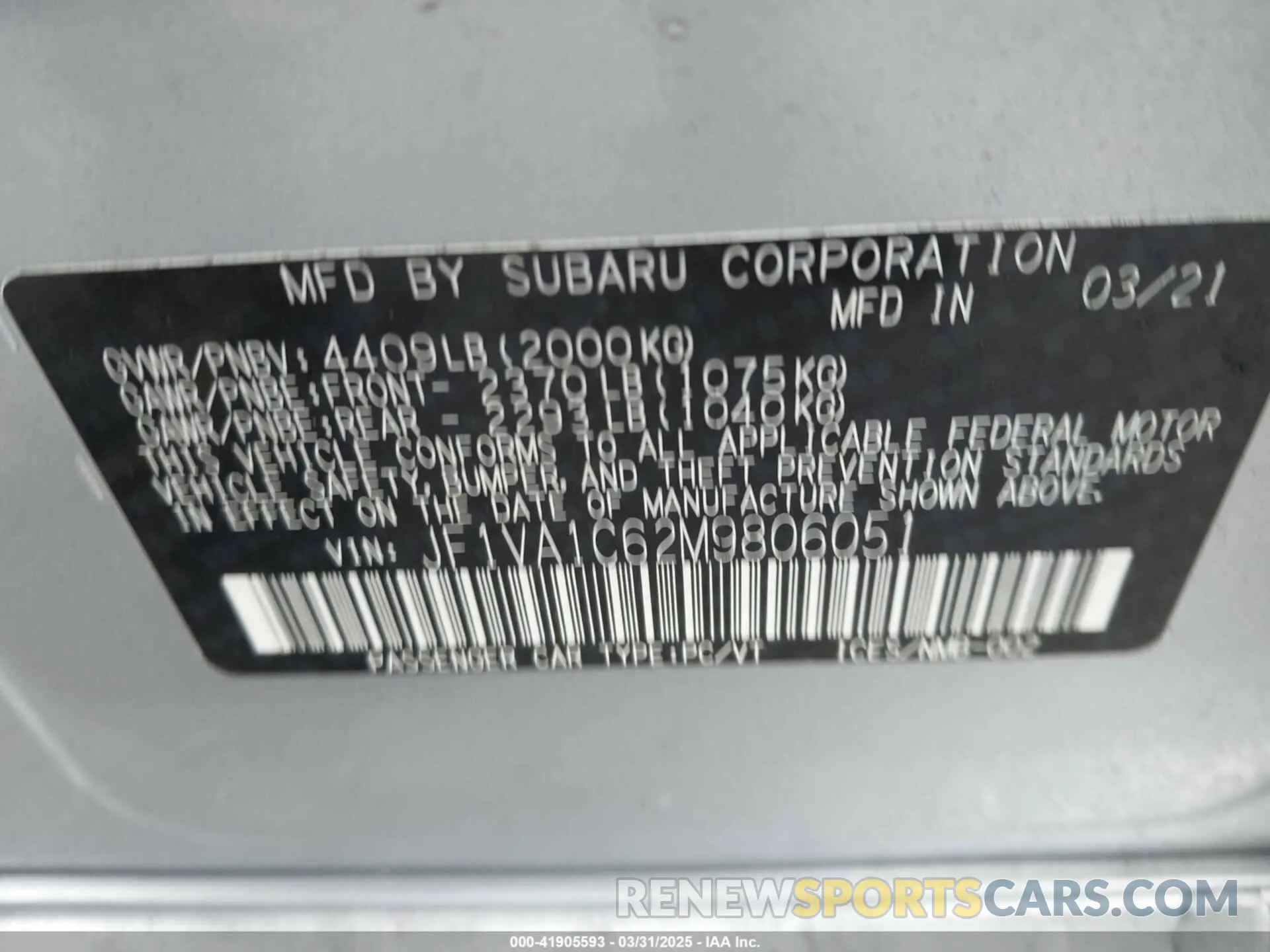 9 Photograph of a damaged car JF1VA1C62M9806051 SUBARU WRX 2021