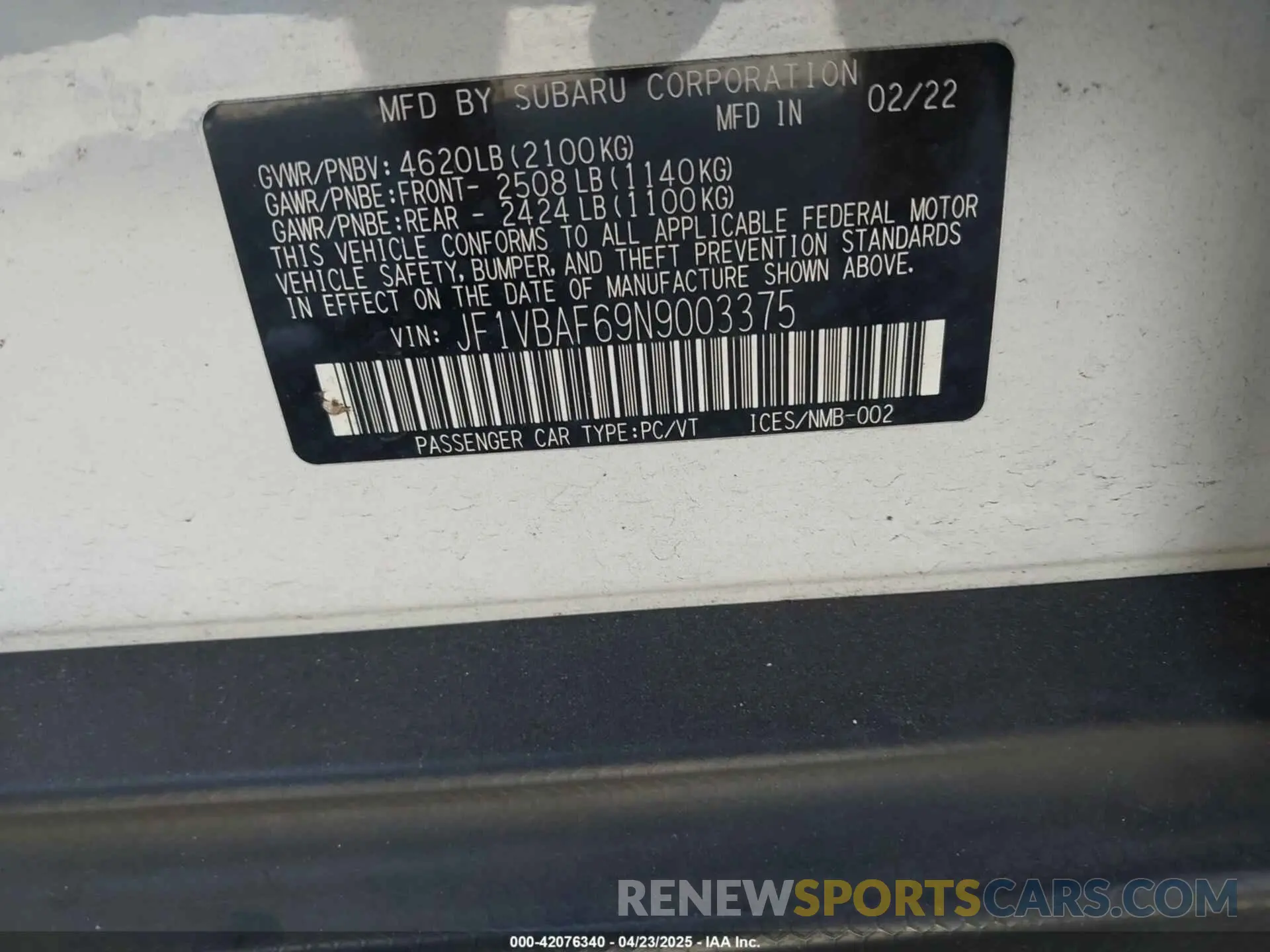 9 Photograph of a damaged car JF1VA1C65M9821921 SUBARU WRX 2021
