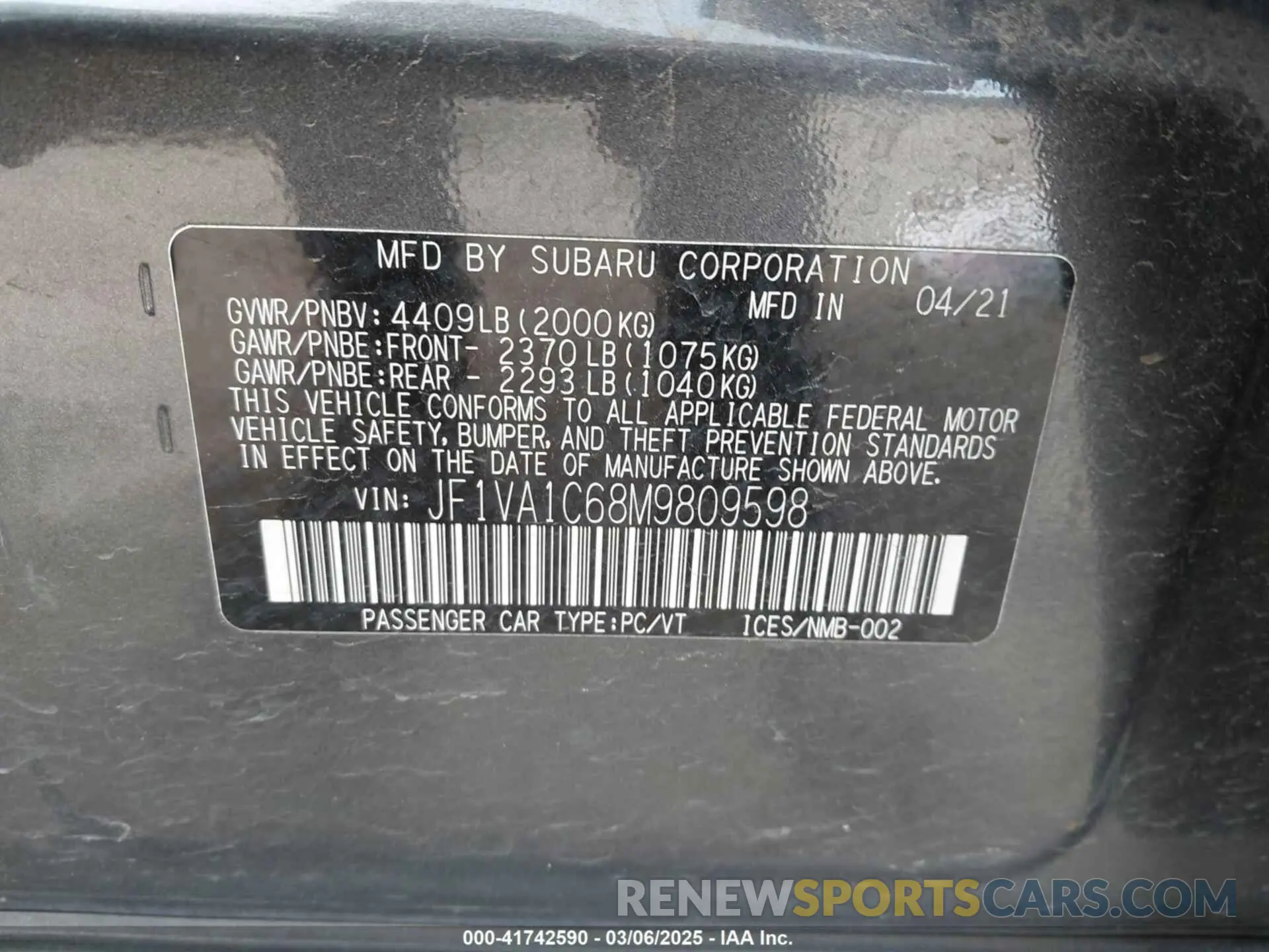 9 Photograph of a damaged car JF1VA1C68M9809598 SUBARU WRX 2021