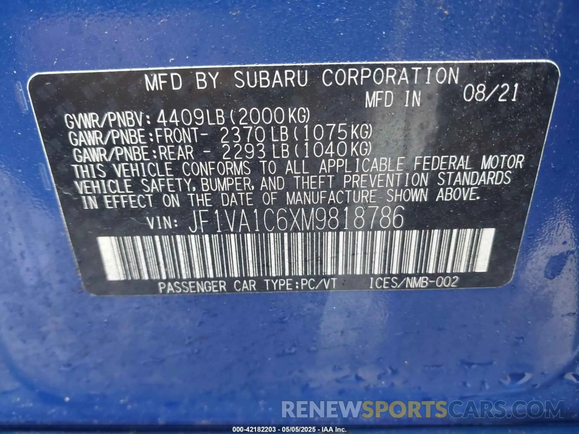 9 Фотография поврежденного автомобиля JF1VA1C6XM9818786 SUBARU WRX 2021