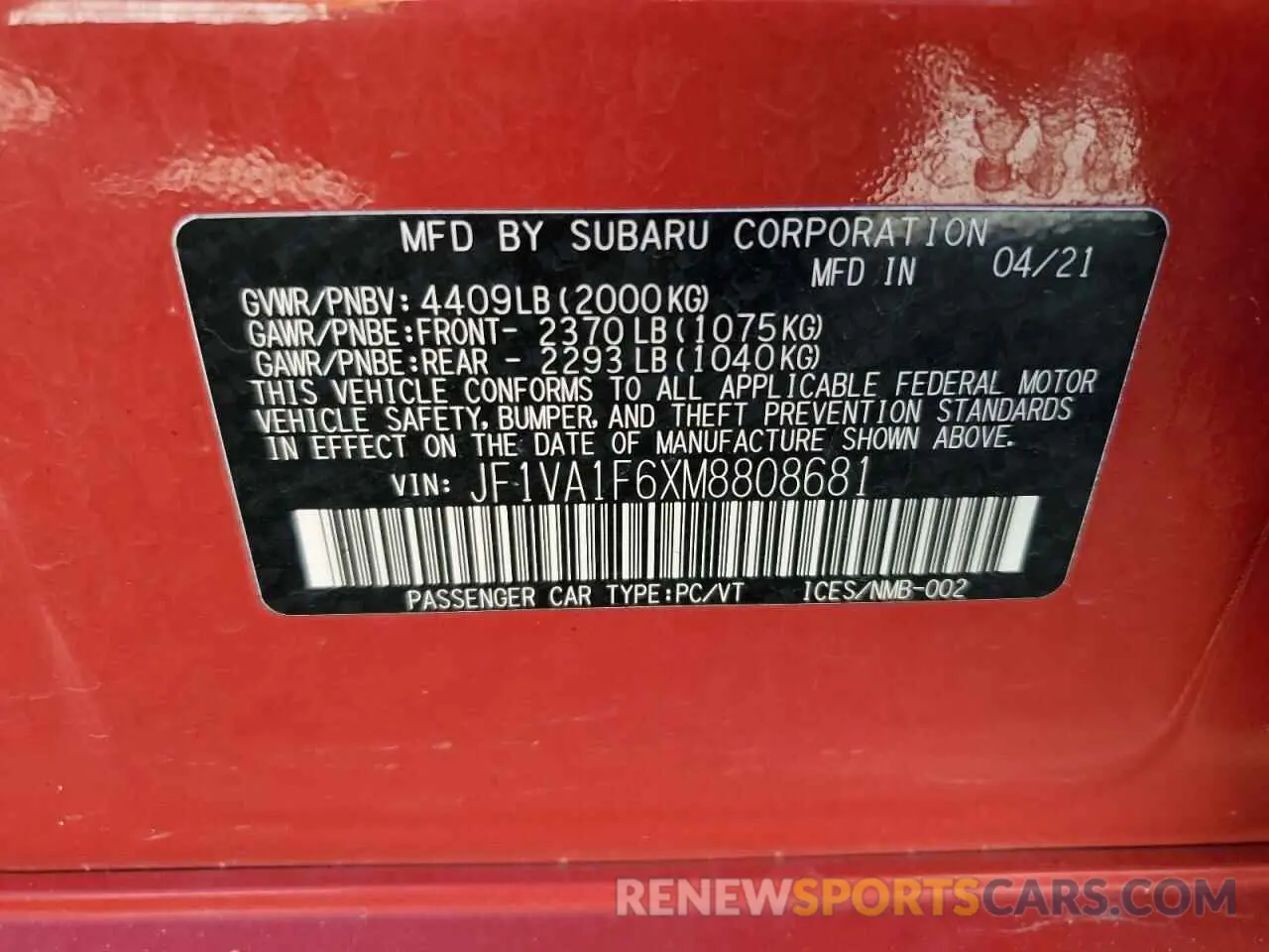 13 Photograph of a damaged car JF1VA1F6XM8808681 SUBARU WRX 2021