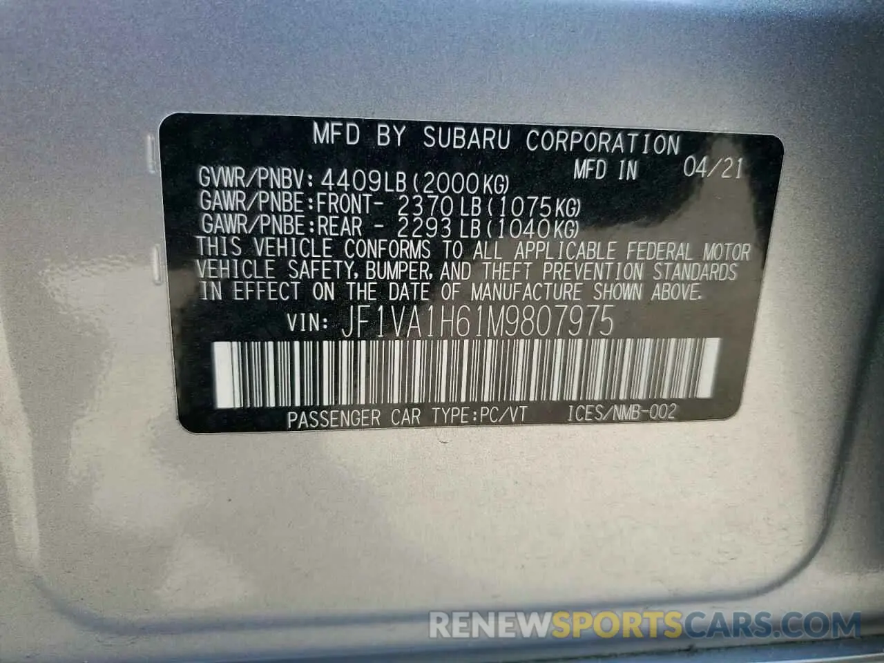 12 Photograph of a damaged car JF1VA1H61M9807975 SUBARU WRX 2021