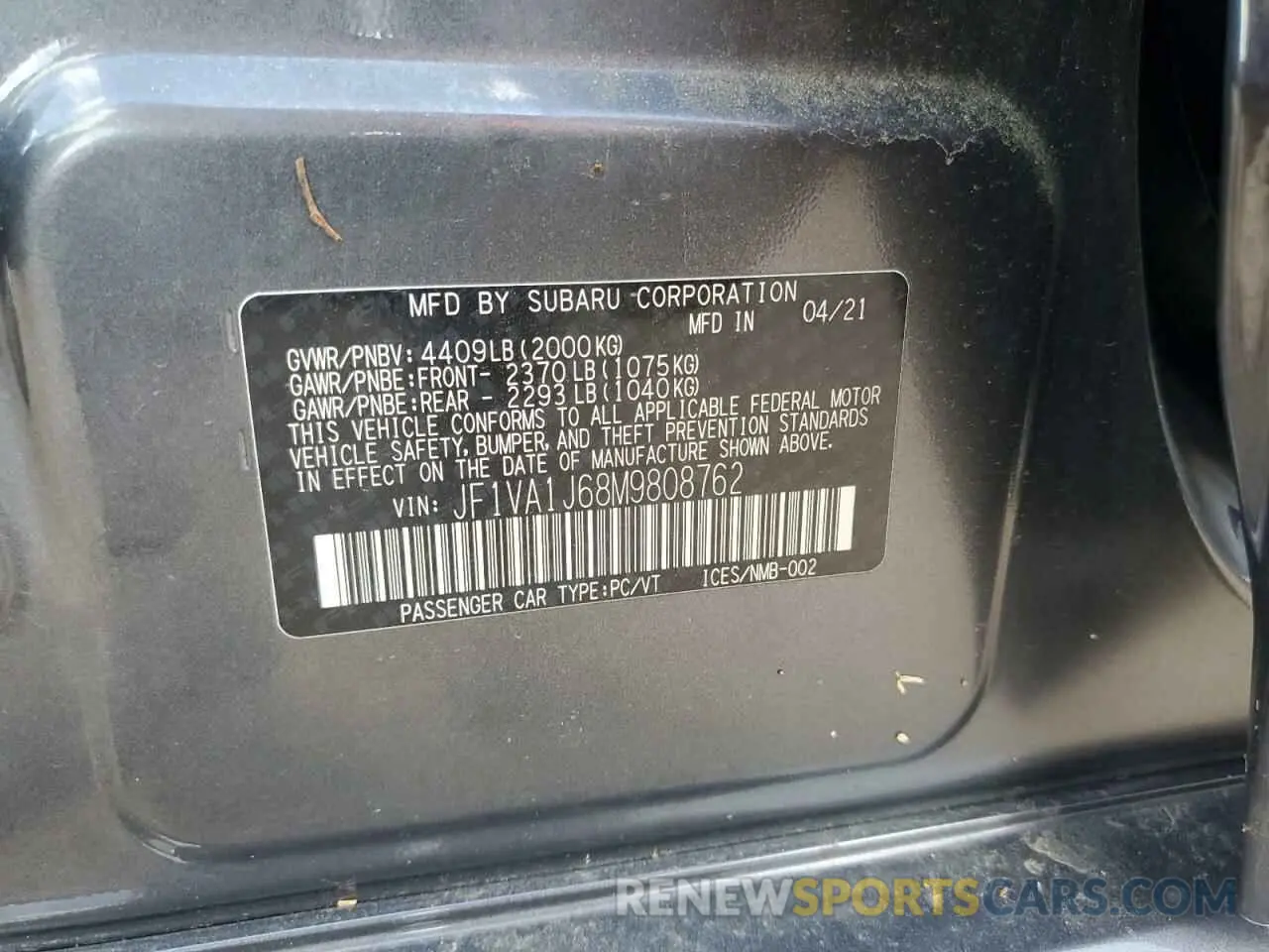13 Photograph of a damaged car JF1VA1J68M9808762 SUBARU WRX 2021
