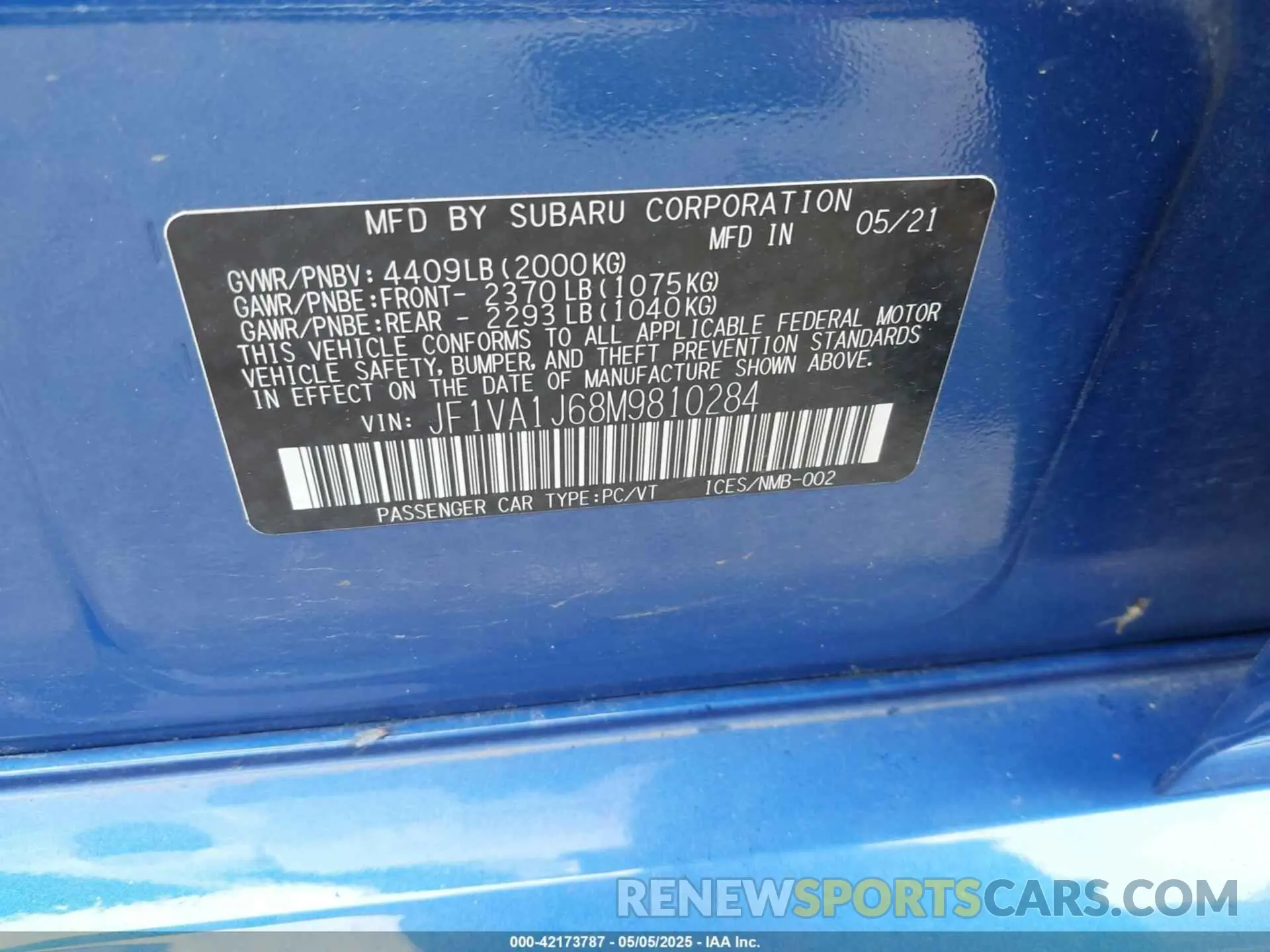 9 Photograph of a damaged car JF1VA1J68M9810284 SUBARU WRX 2021