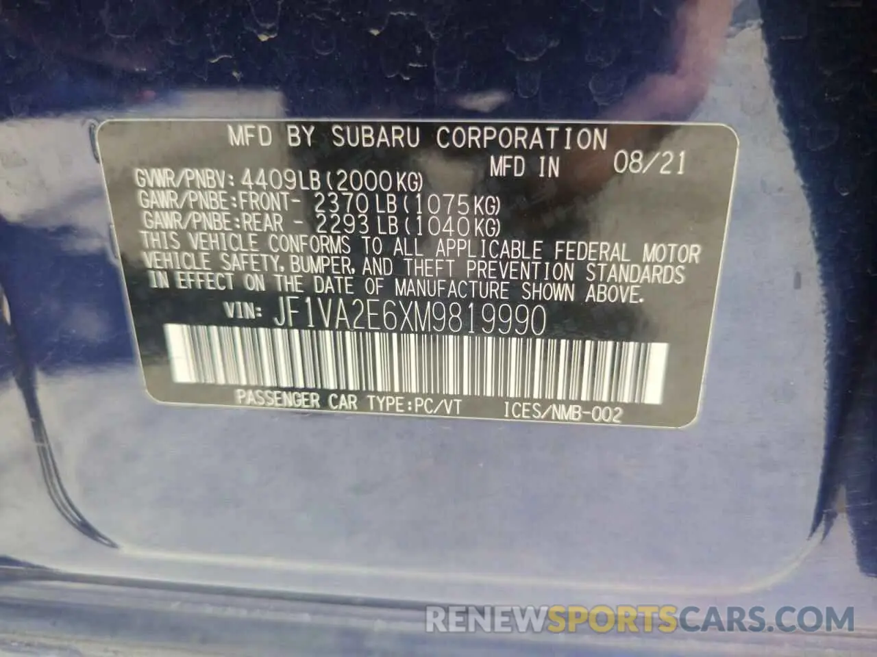 13 Photograph of a damaged car JF1VA2E6XM9819990 SUBARU WRX 2021