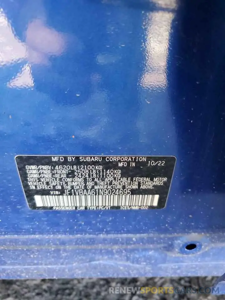 12 Photograph of a damaged car JF1VBAA61N9024695 SUBARU WRX 2022