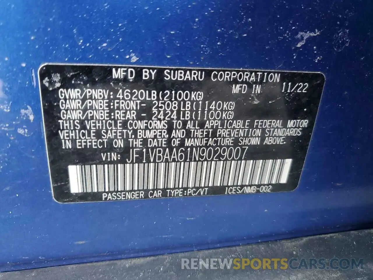 12 Photograph of a damaged car JF1VBAA61N9029007 SUBARU WRX 2022