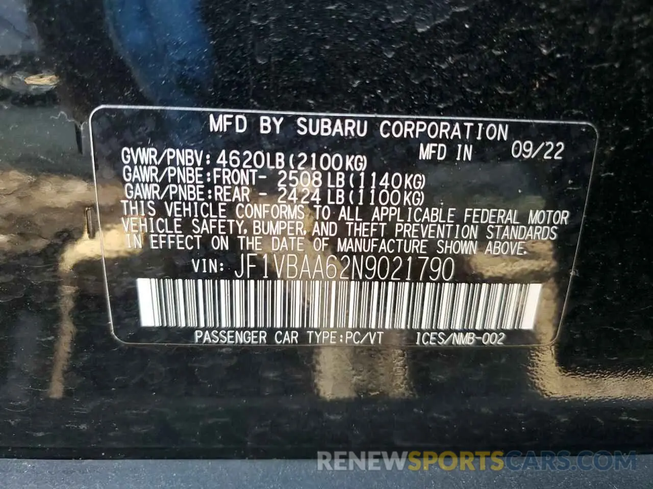 12 Фотография поврежденного автомобиля JF1VBAA62N9021790 SUBARU WRX 2022