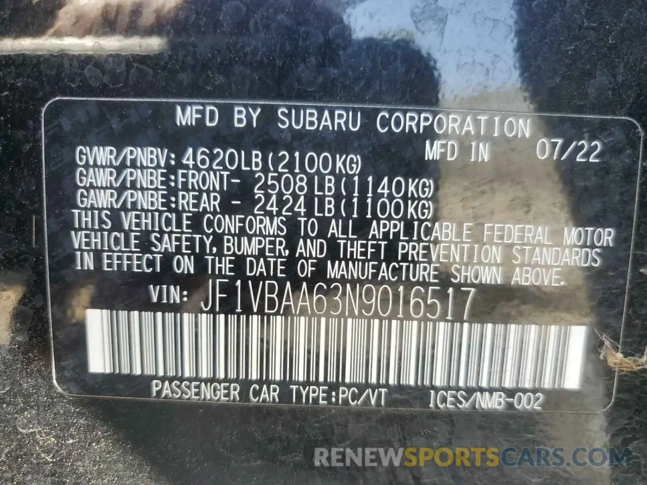 15 Photograph of a damaged car JF1VBAA63N9016517 SUBARU WRX 2022