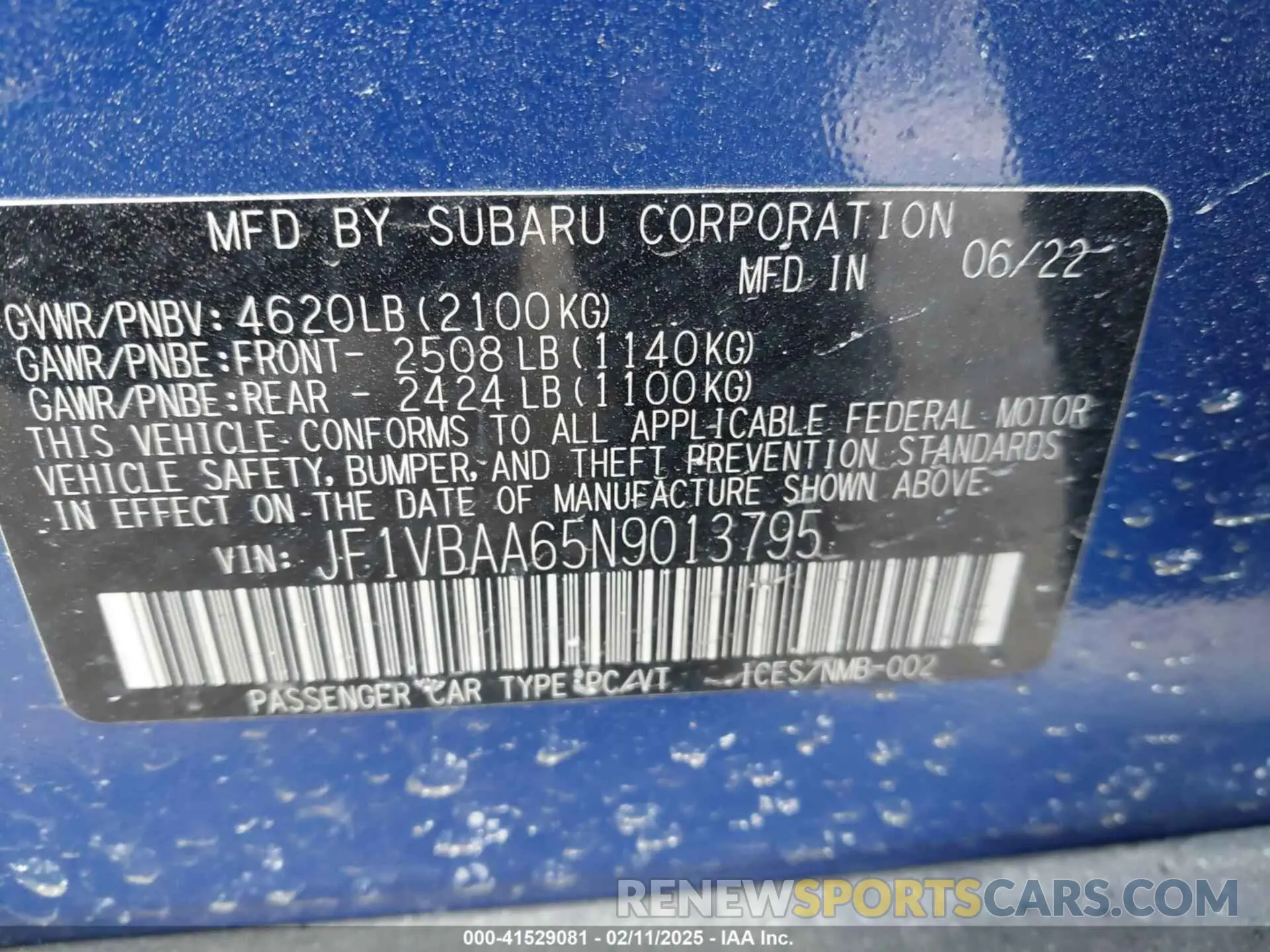 9 Photograph of a damaged car JF1VBAA65N9013795 SUBARU WRX 2022