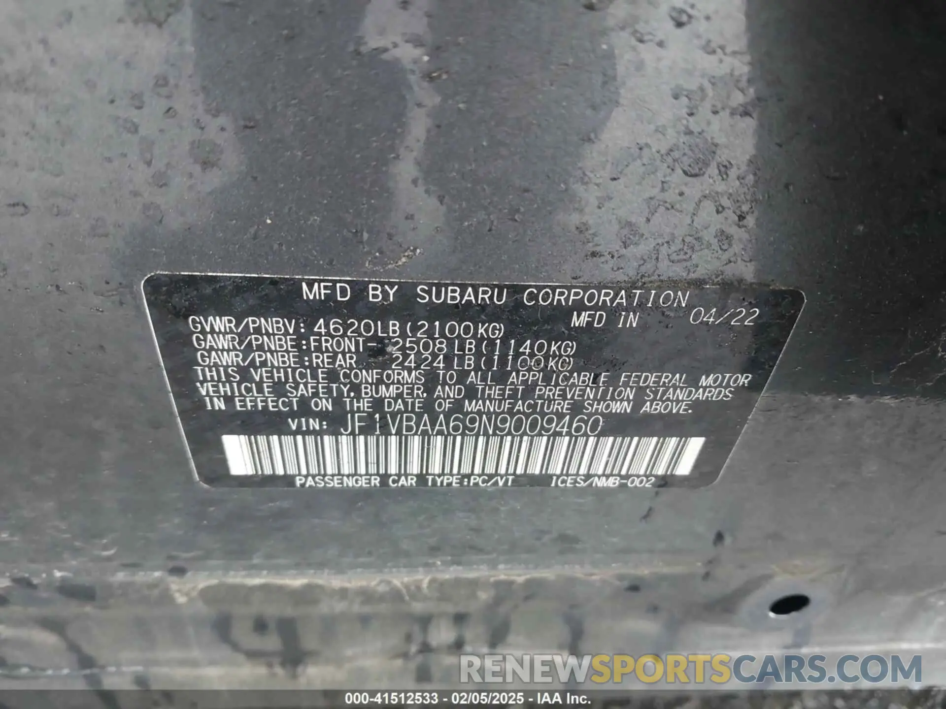9 Фотография поврежденного автомобиля JF1VBAA69N9009460 SUBARU WRX 2022
