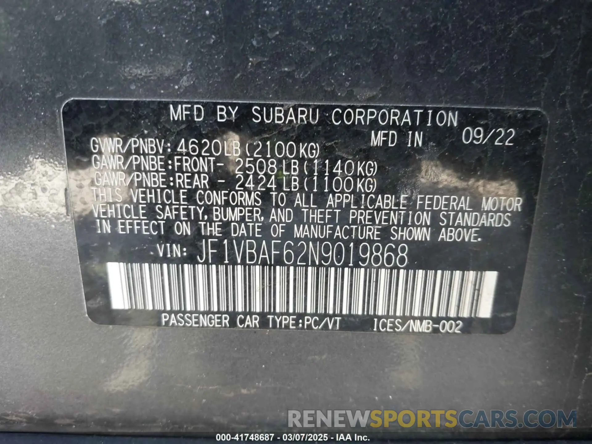 9 Фотография поврежденного автомобиля JF1VBAF62N9019868 SUBARU WRX 2022