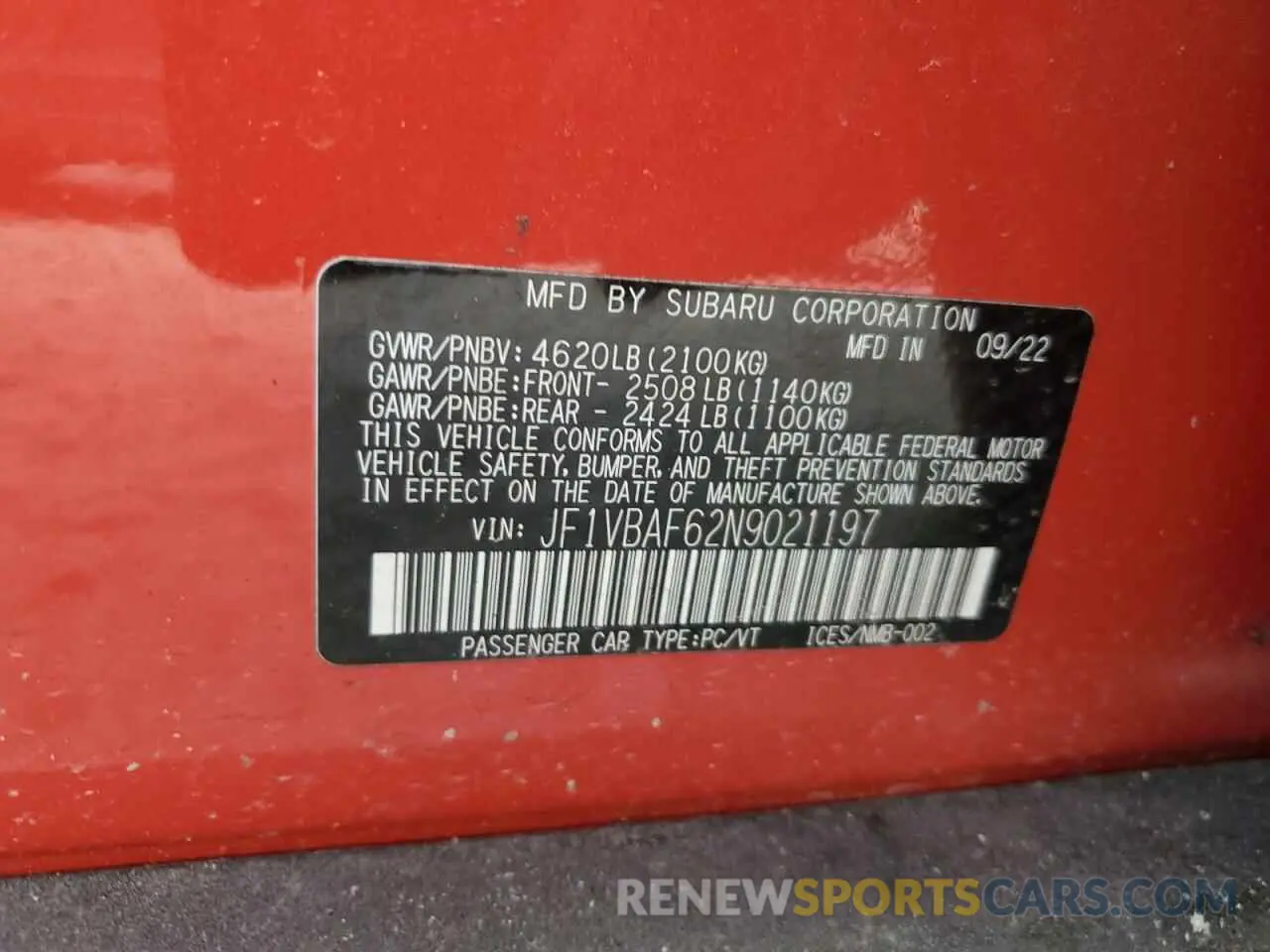 13 Photograph of a damaged car JF1VBAF62N9021197 SUBARU WRX 2022
