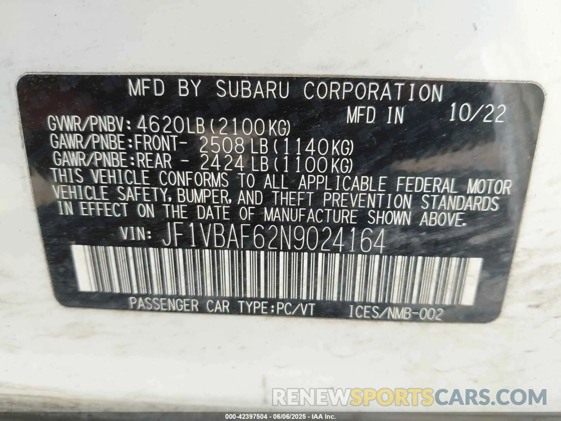9 Фотография поврежденного автомобиля JF1VBAF62N9024164 SUBARU WRX 2022