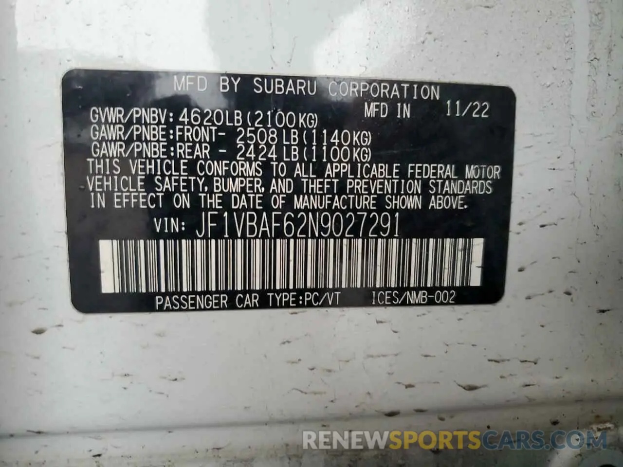 14 Фотография поврежденного автомобиля JF1VBAF62N9027291 SUBARU WRX 2022