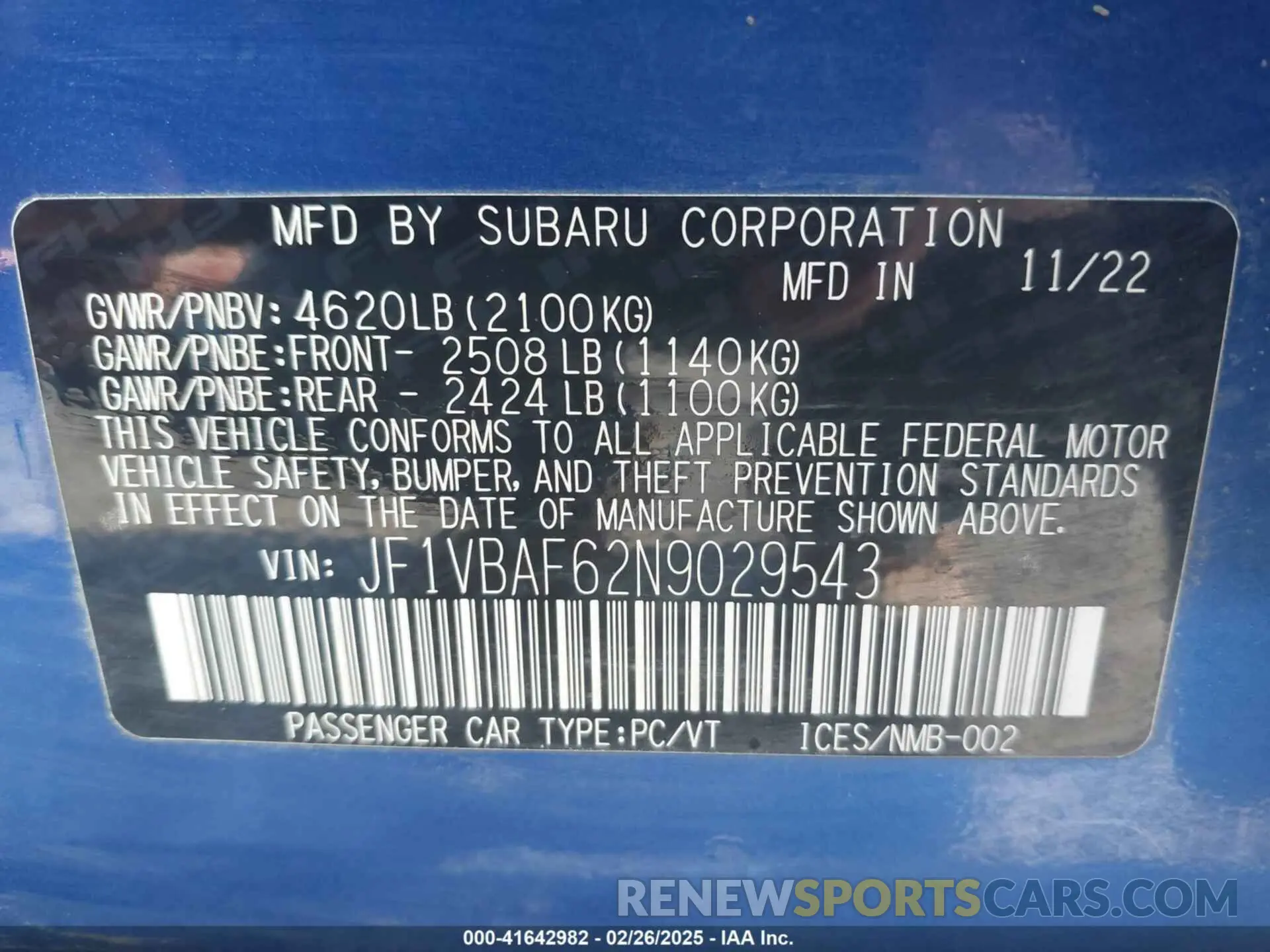 9 Фотография поврежденного автомобиля JF1VBAF62N9029543 SUBARU WRX 2022