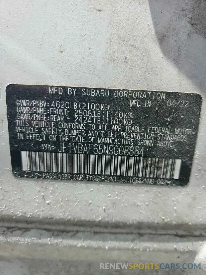 12 Photograph of a damaged car JF1VBAF65N9008864 SUBARU WRX 2022