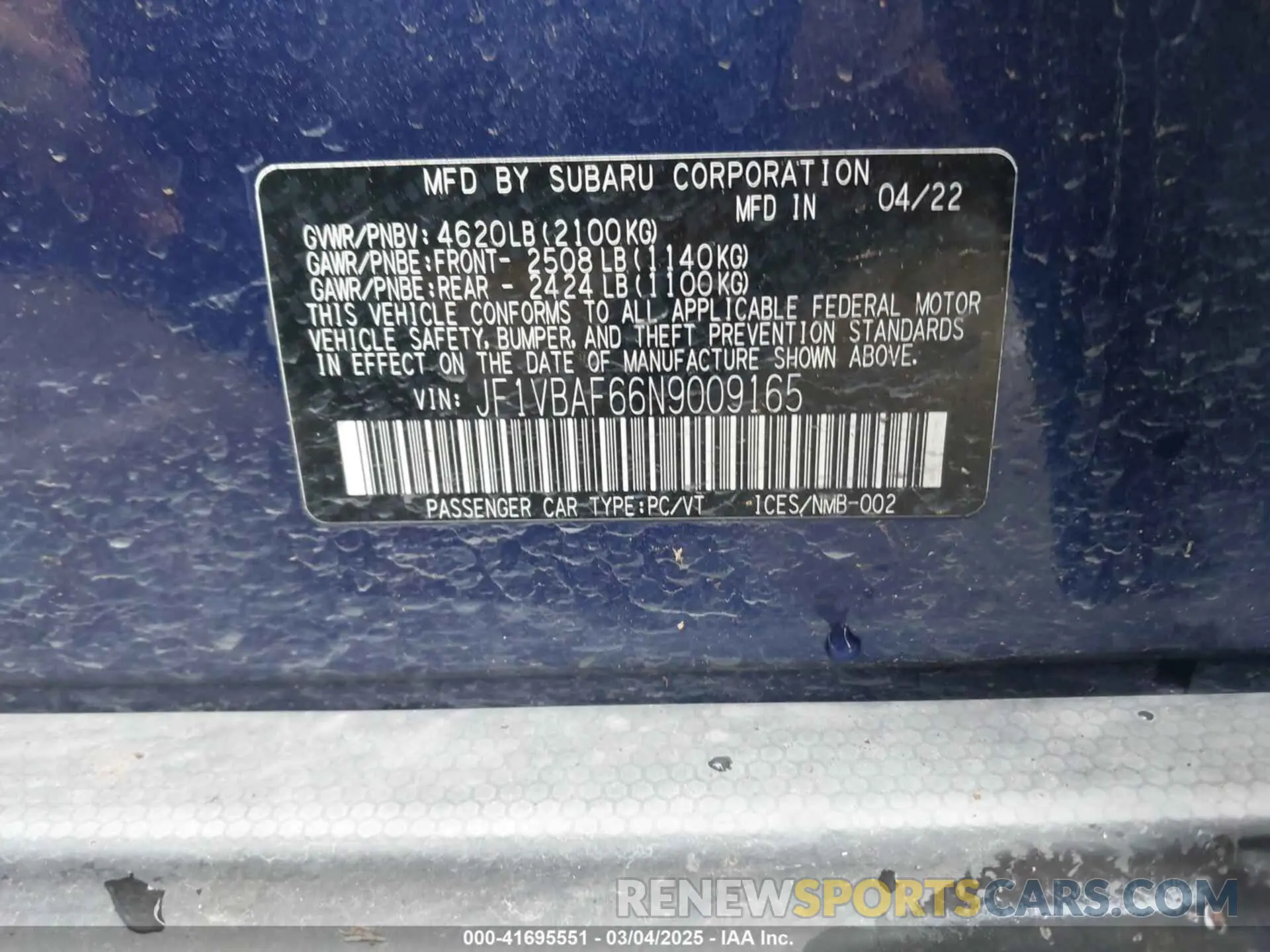 9 Photograph of a damaged car JF1VBAF66N9009165 SUBARU WRX 2022