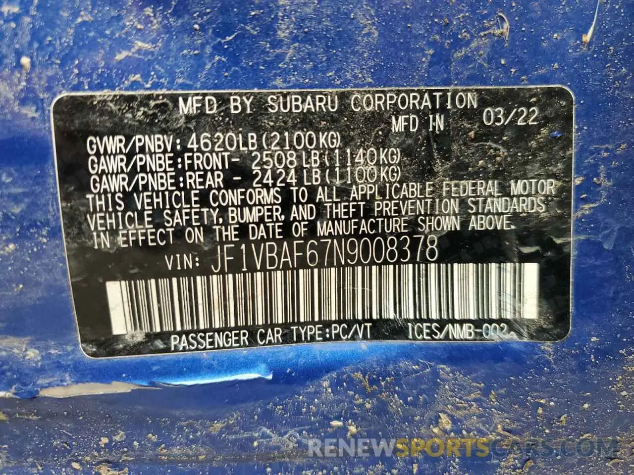 12 Photograph of a damaged car JF1VBAF67N9008378 SUBARU WRX 2022