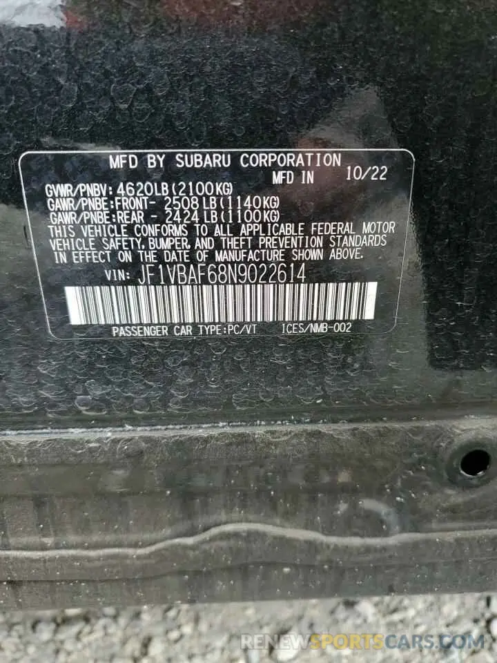 13 Photograph of a damaged car JF1VBAF68N9022614 SUBARU WRX 2022