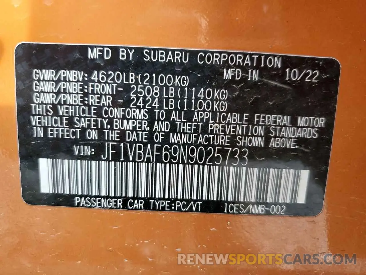 12 Photograph of a damaged car JF1VBAF69N9025733 SUBARU WRX 2022