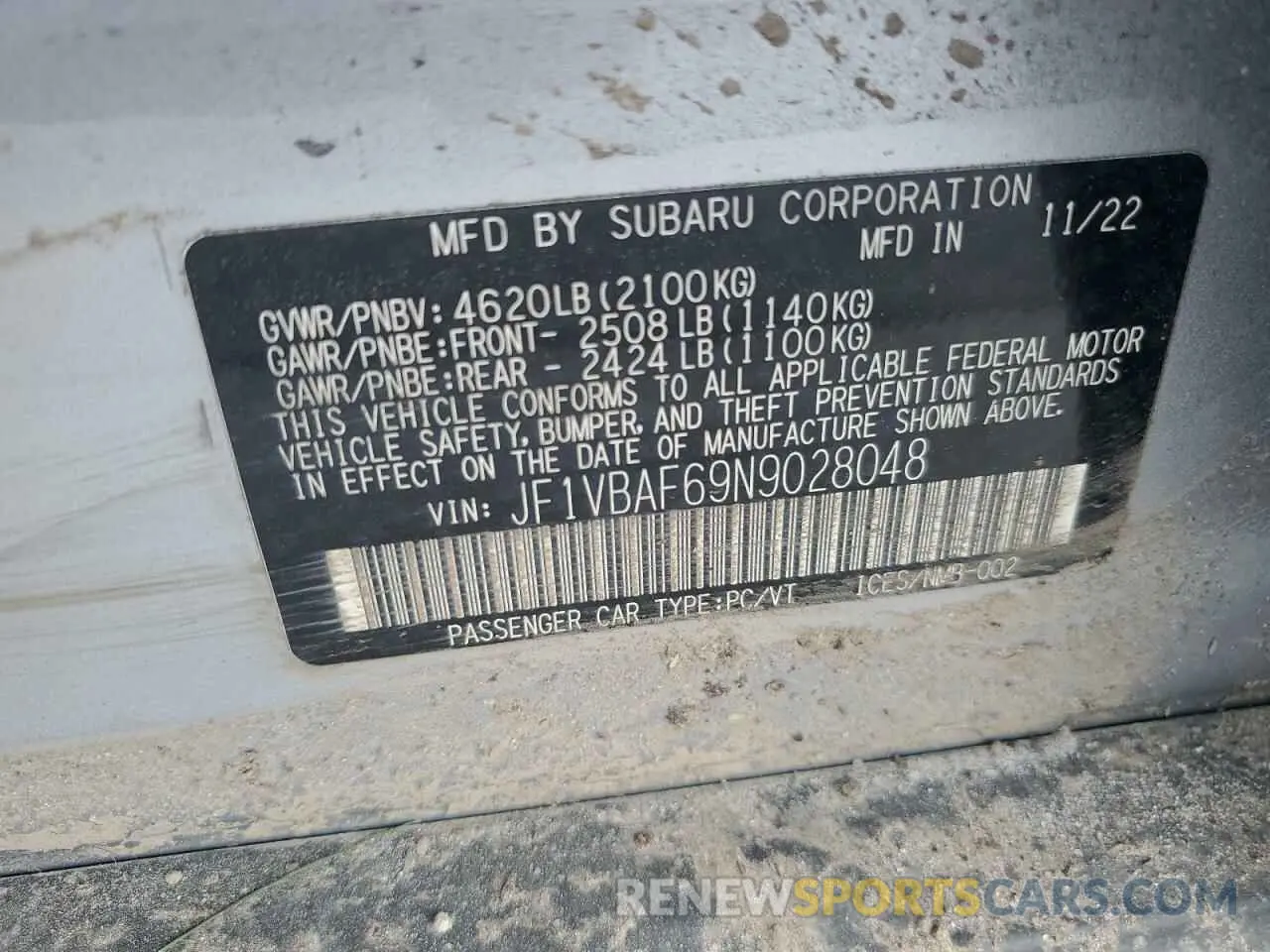 13 Photograph of a damaged car JF1VBAF69N9028048 SUBARU WRX 2022