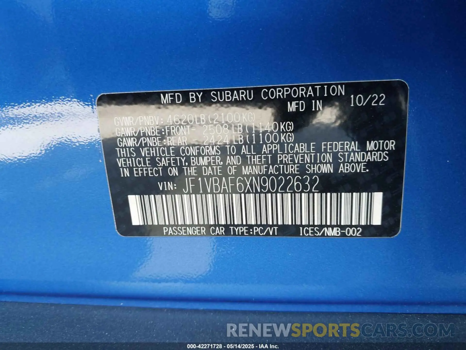 9 Photograph of a damaged car JF1VBAF6XN9022632 SUBARU WRX 2022