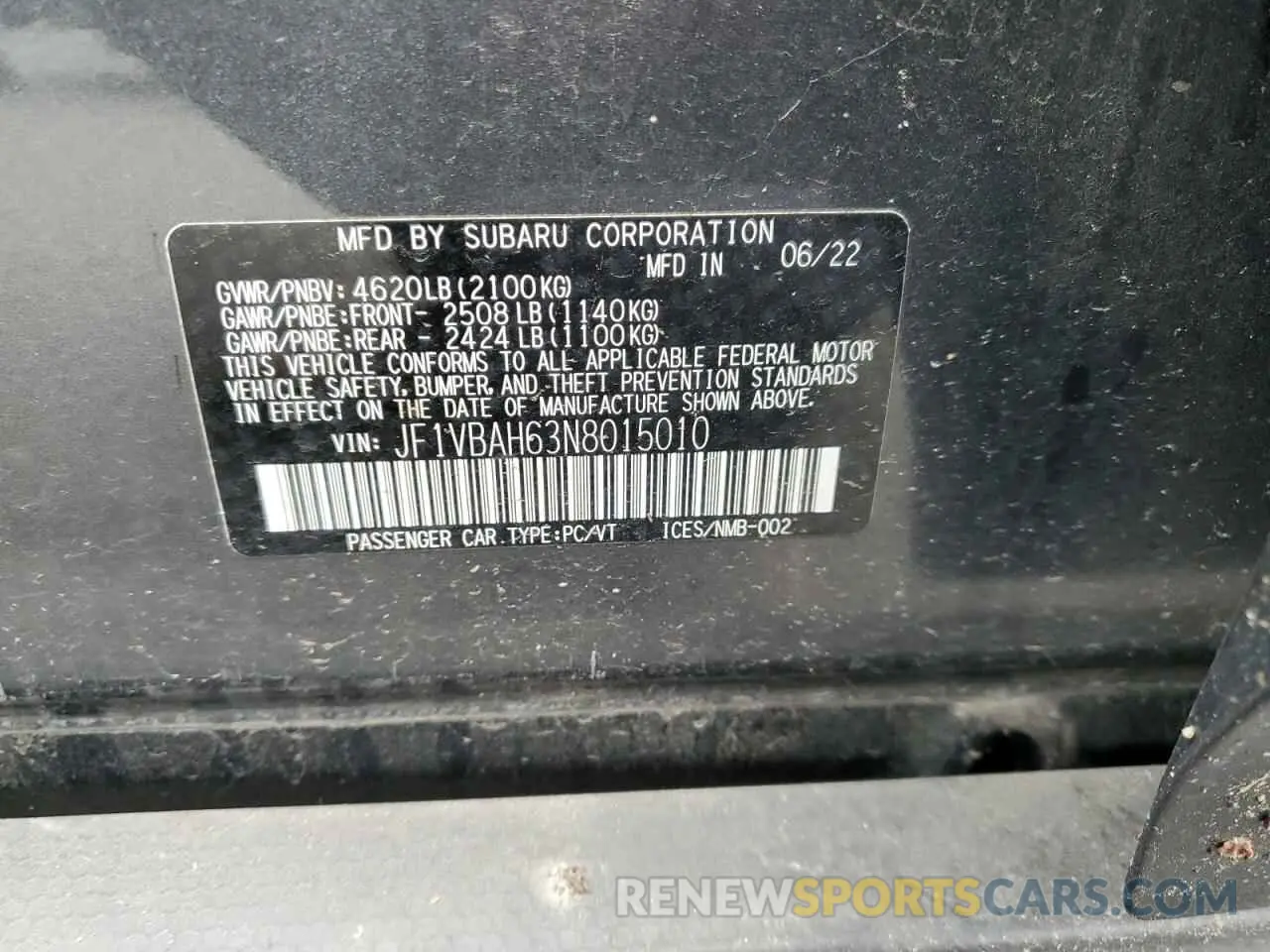 12 Photograph of a damaged car JF1VBAH63N8015010 SUBARU WRX 2022