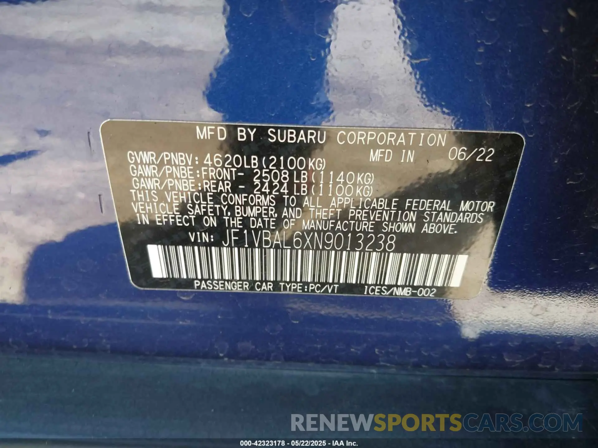 9 Фотография поврежденного автомобиля JF1VBAL6XN9013238 SUBARU WRX 2022