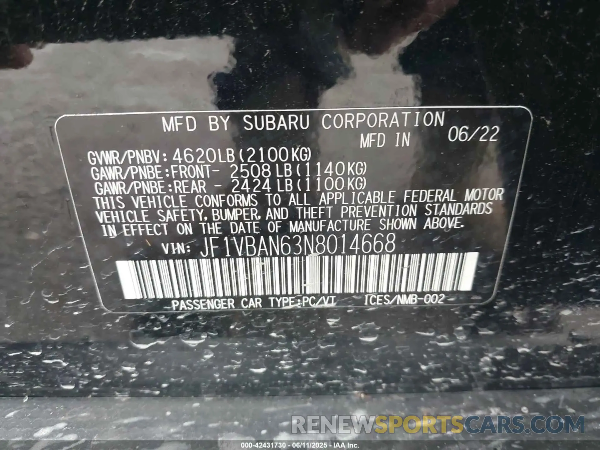 9 Фотография поврежденного автомобиля JF1VBAN63N8014668 SUBARU WRX 2022