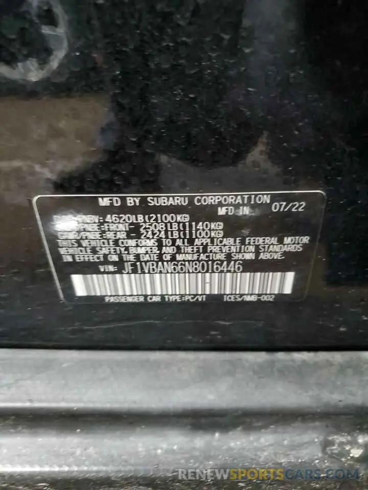 12 Photograph of a damaged car JF1VBAN66N8016446 SUBARU WRX 2022