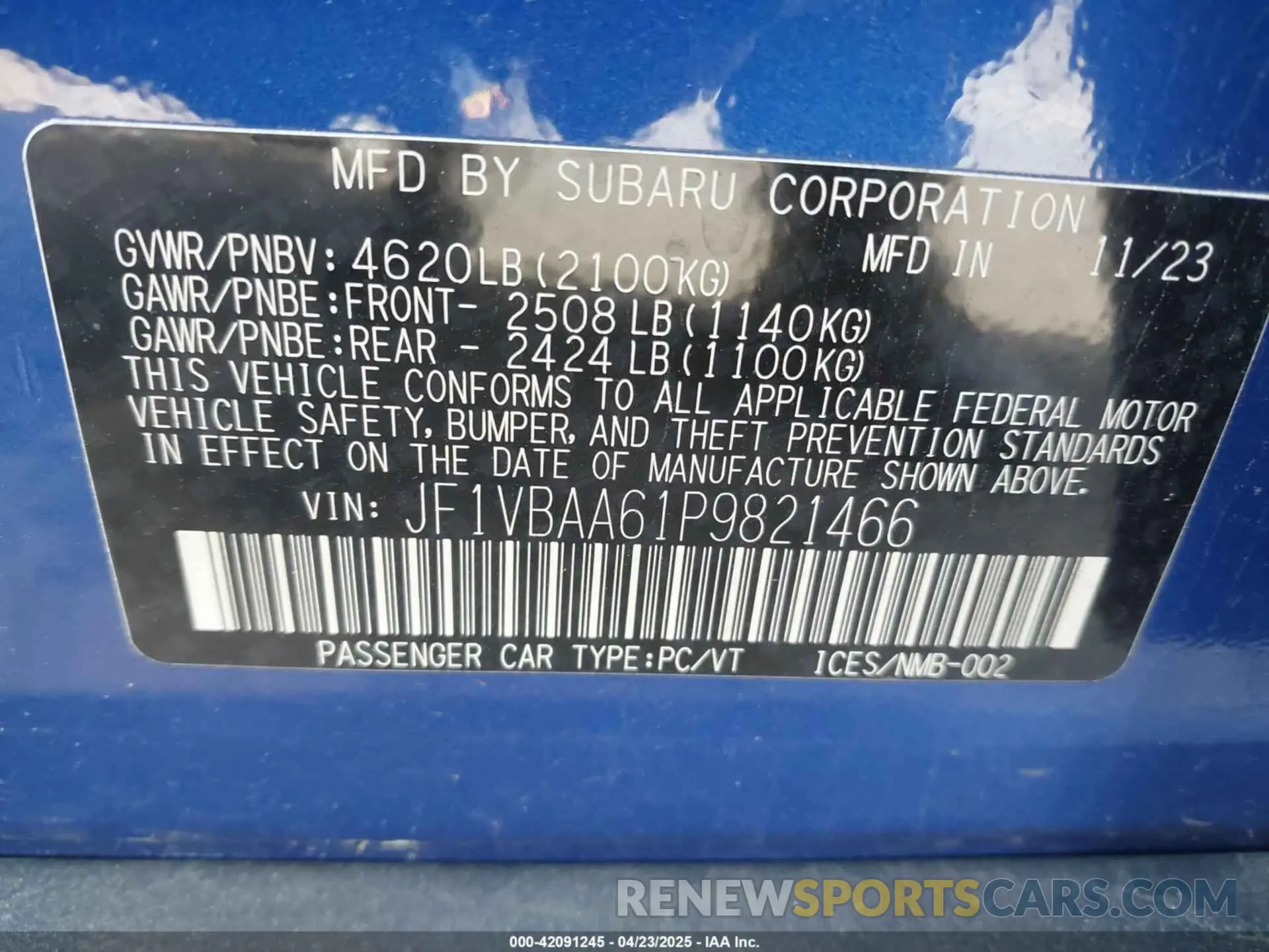 9 Фотография поврежденного автомобиля JF1VBAA61P9821466 SUBARU WRX 2023