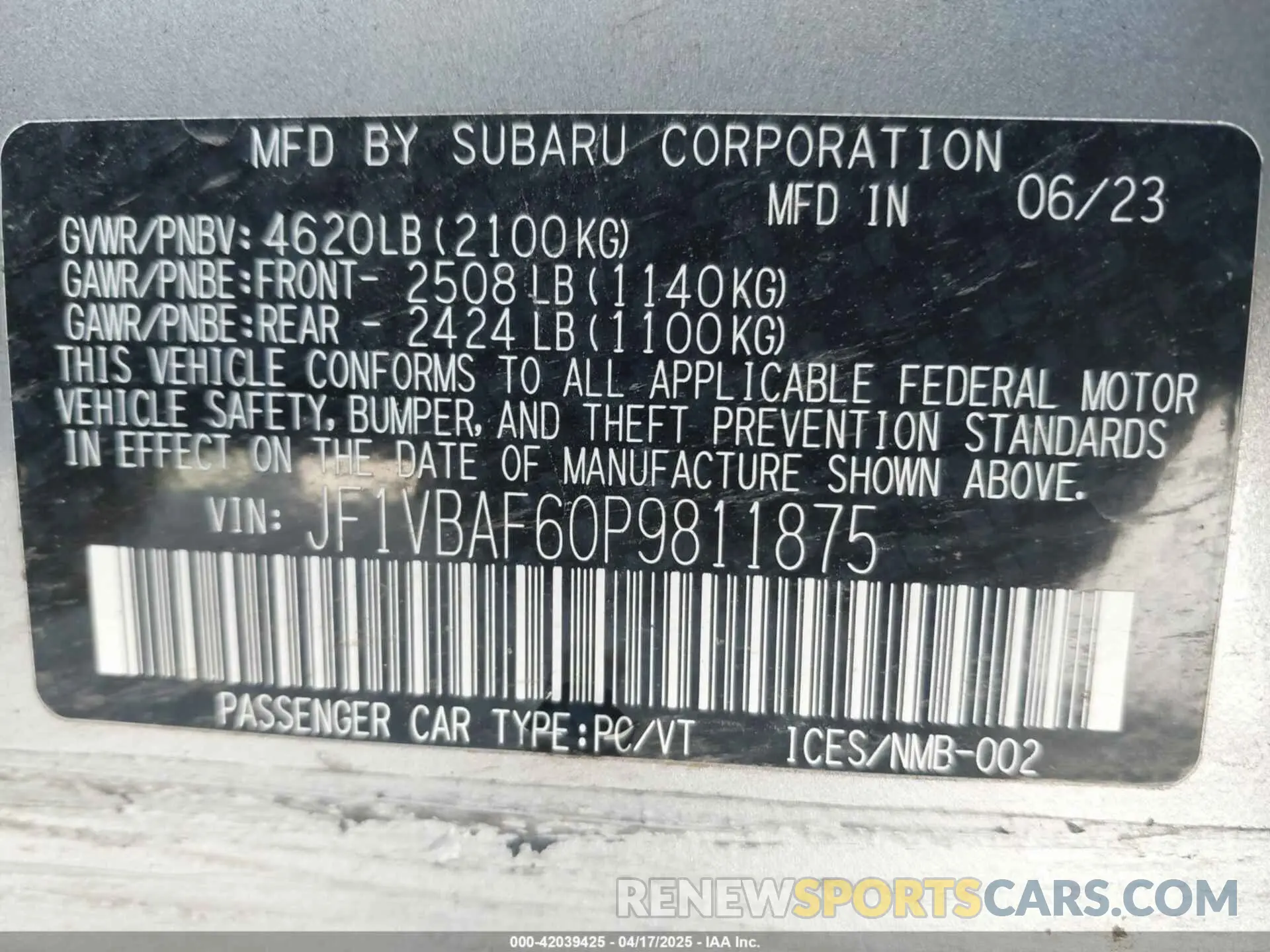 9 Фотография поврежденного автомобиля JF1VBAF60P9811875 SUBARU WRX 2023