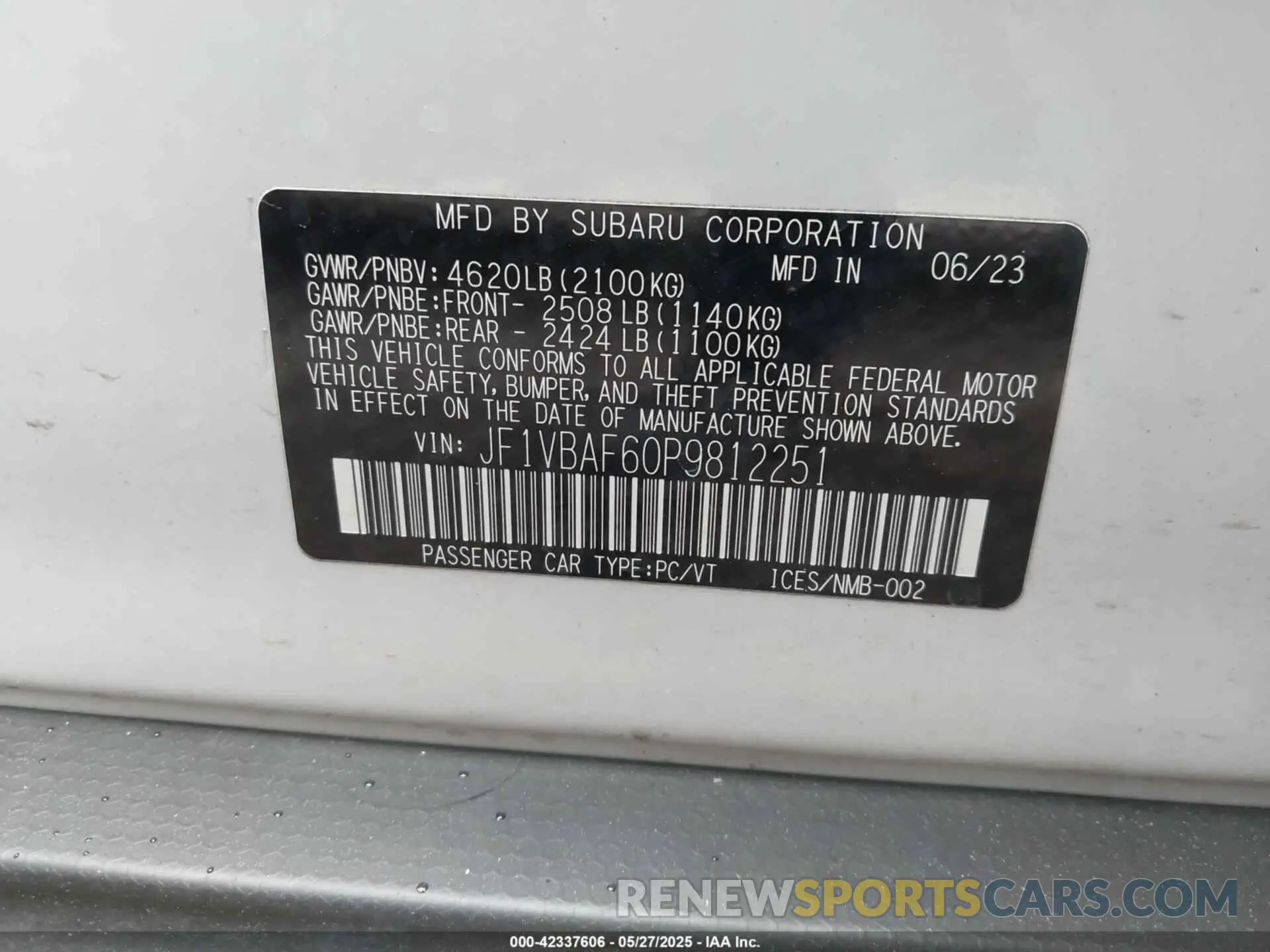 9 Photograph of a damaged car JF1VBAF60P9812251 SUBARU WRX 2023