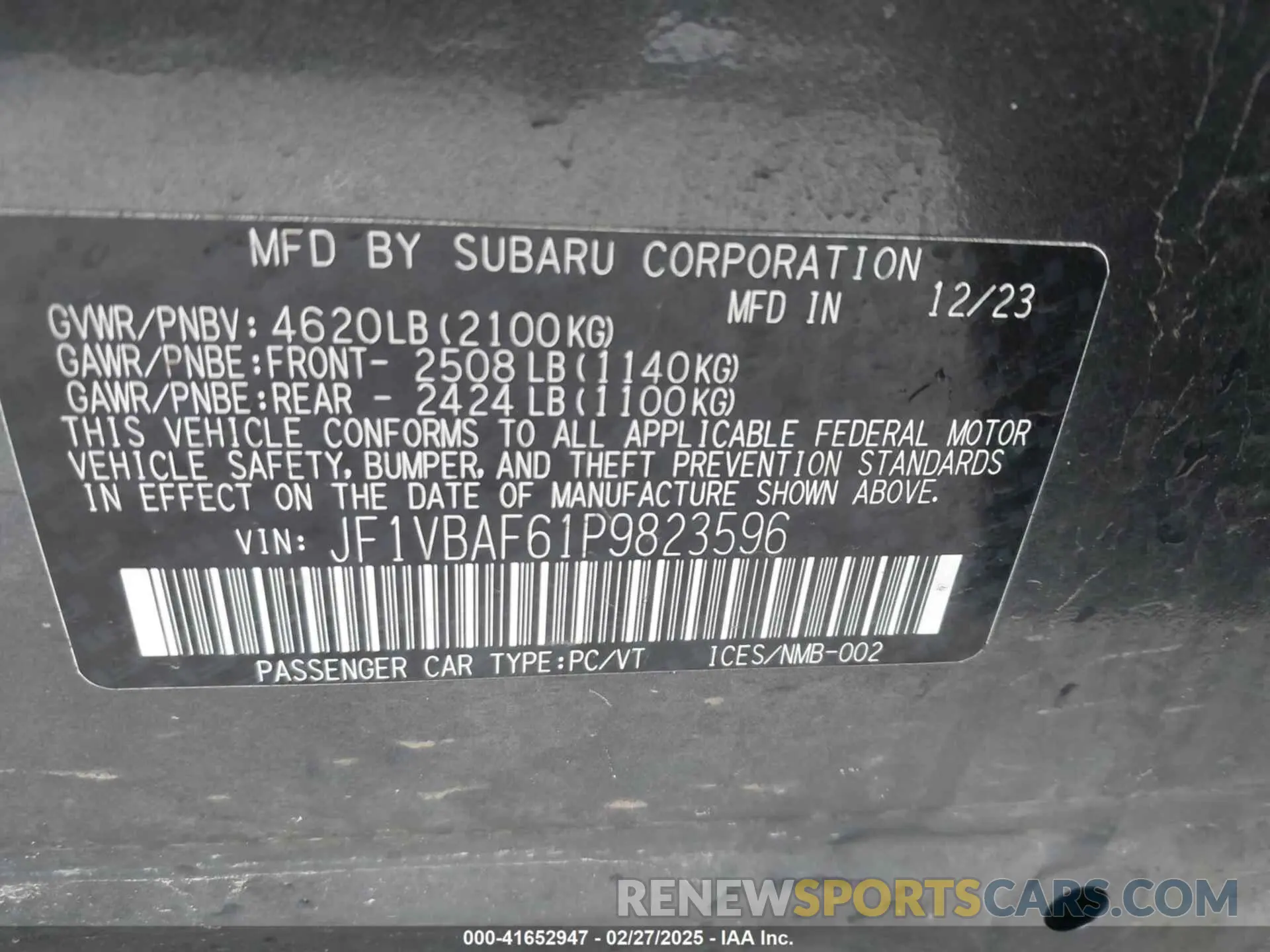 9 Фотография поврежденного автомобиля JF1VBAF61P9823596 SUBARU WRX 2023