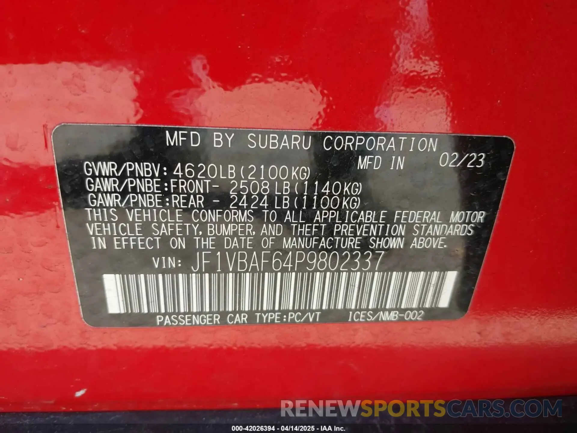 9 Фотография поврежденного автомобиля JF1VBAF64P9802337 SUBARU WRX 2023
